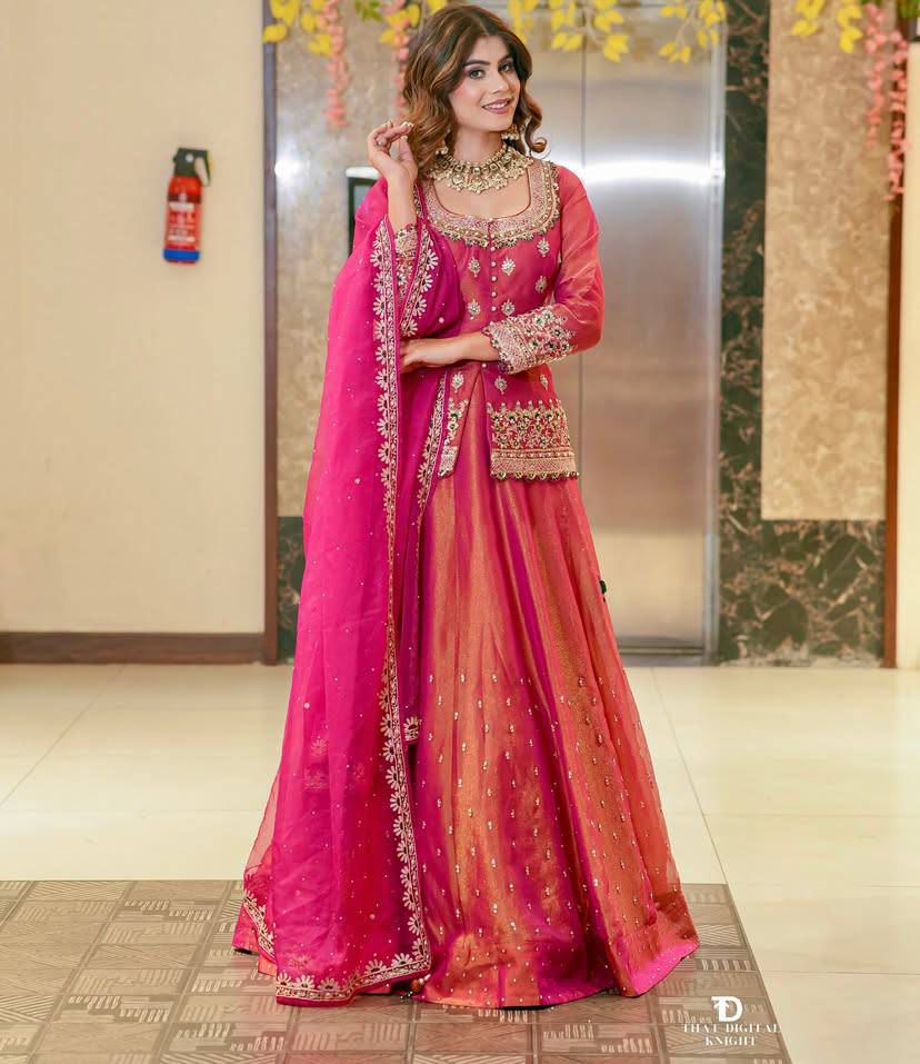 Designer Party Wear Shimmer Silk Embroidered Top Lehenga & Dupatta Set