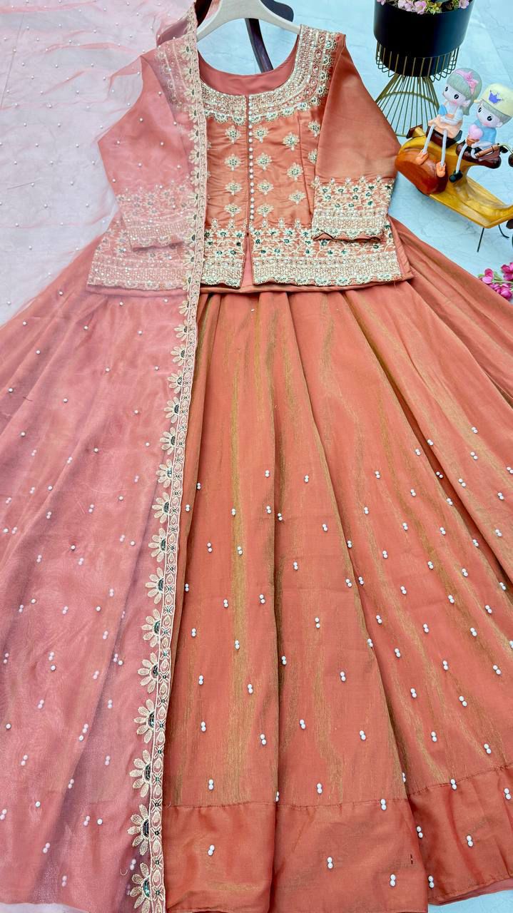 Designer Party Wear Shimmer Silk Embroidered Top Lehenga & Dupatta Set