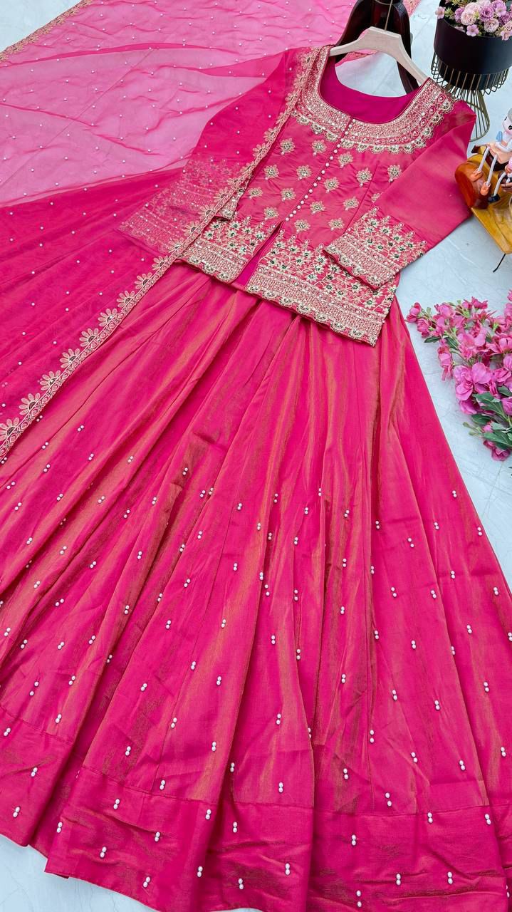 Designer Party Wear Shimmer Silk Embroidered Top Lehenga & Dupatta Set