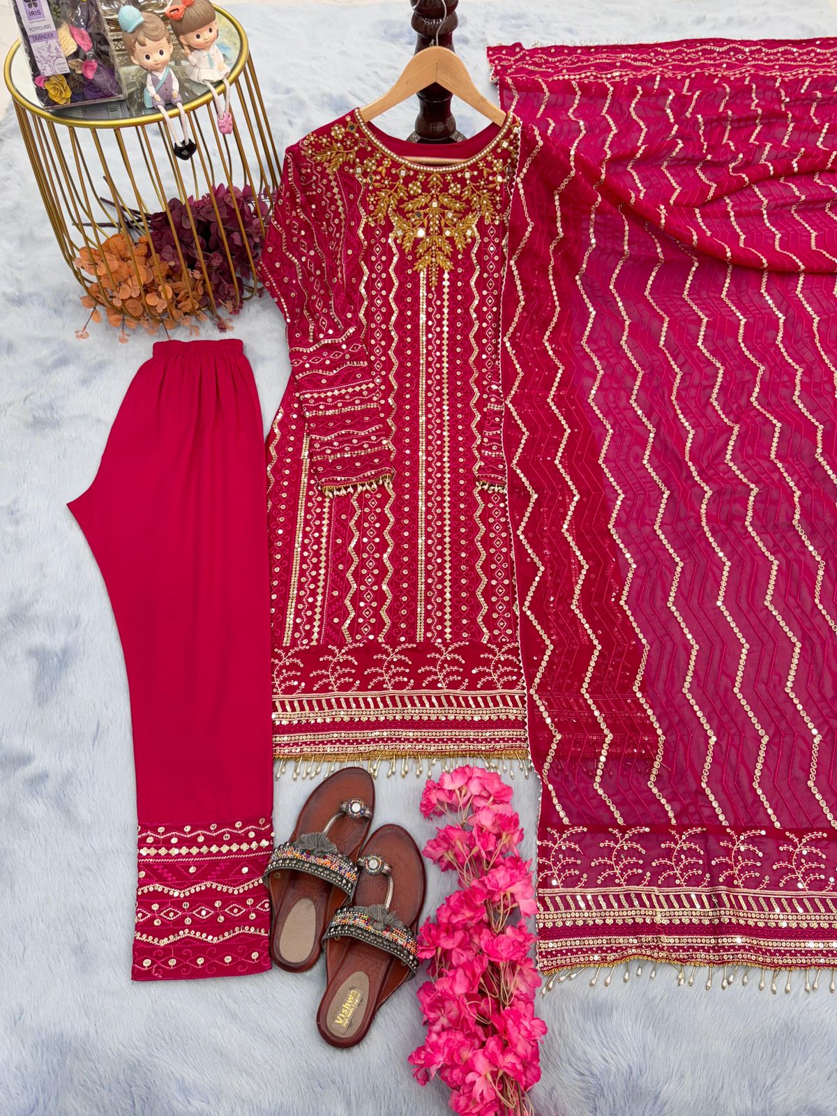 Designer Party Wear Red Faux Georgette Top Bottom & Dupatta Set