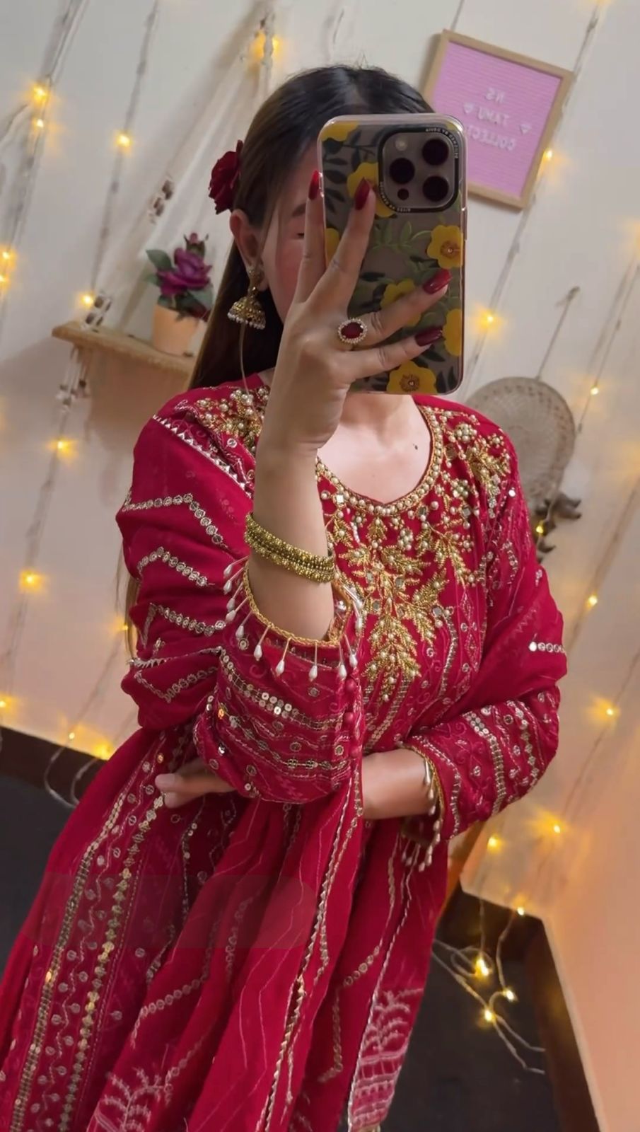 Designer Party Wear Red Faux Georgette Top Bottom & Dupatta Set