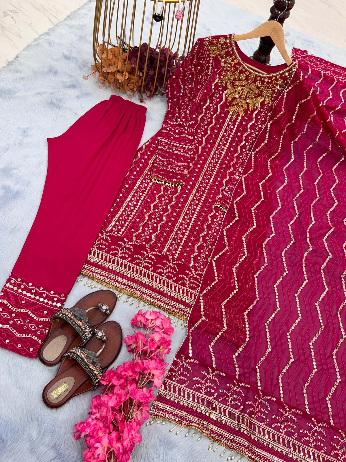 Designer Party Wear Red Faux Georgette Top Bottom & Dupatta Set