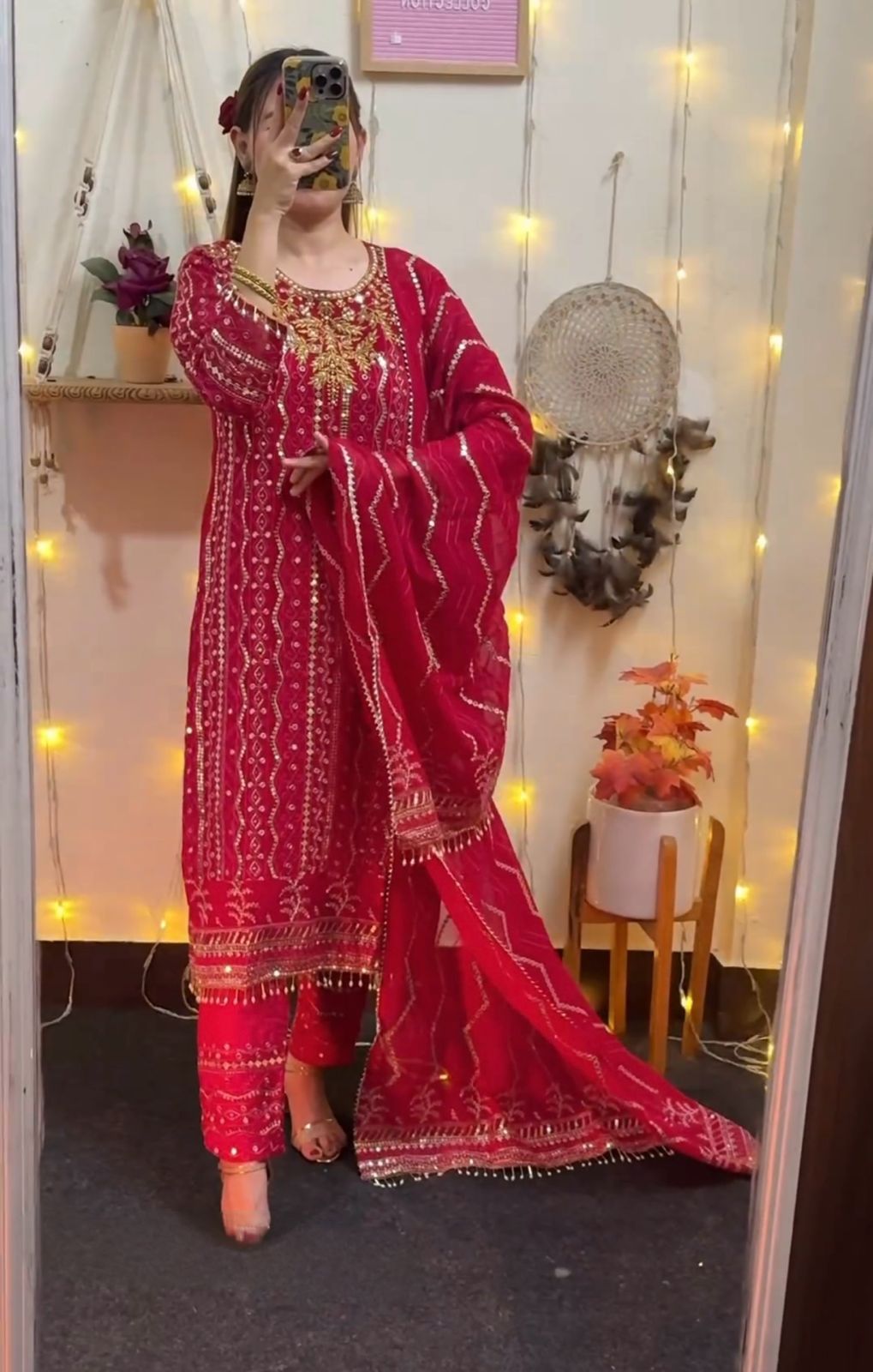 Designer Party Wear Red Faux Georgette Top Bottom & Dupatta Set