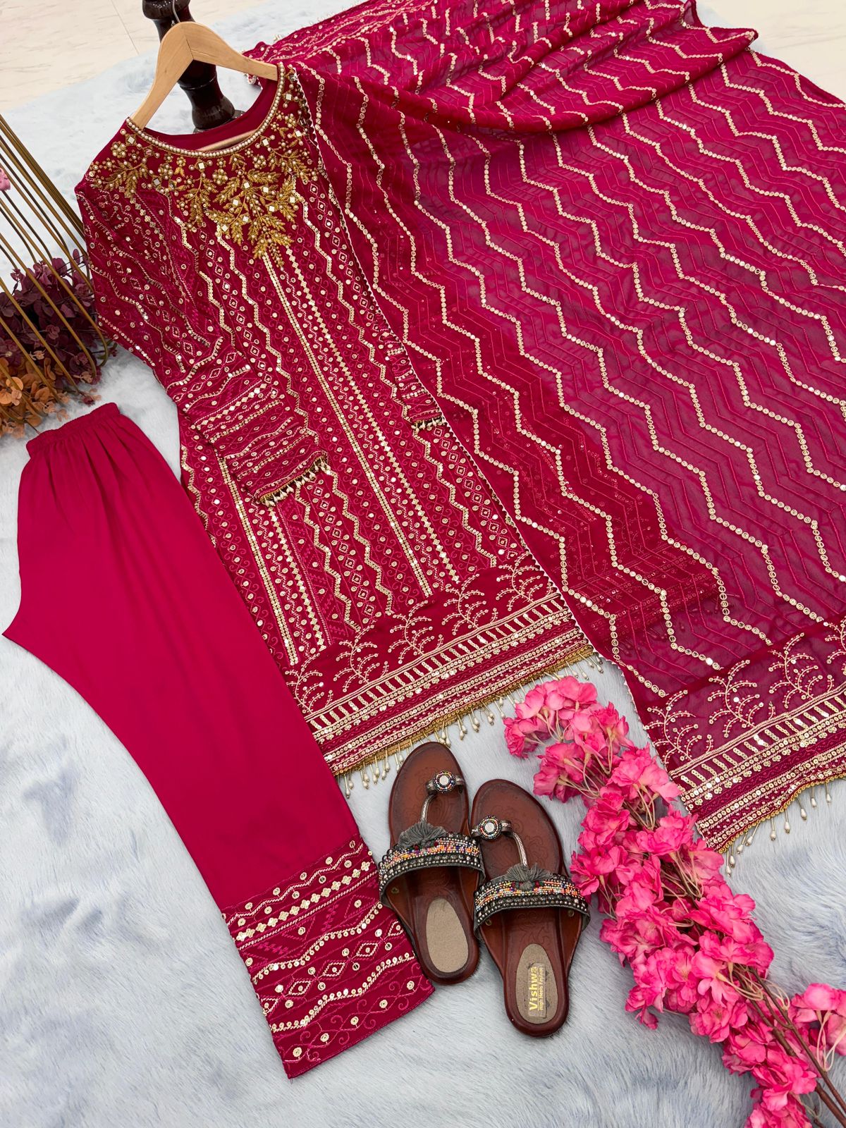 Designer Party Wear Red Faux Georgette Top Bottom & Dupatta Set