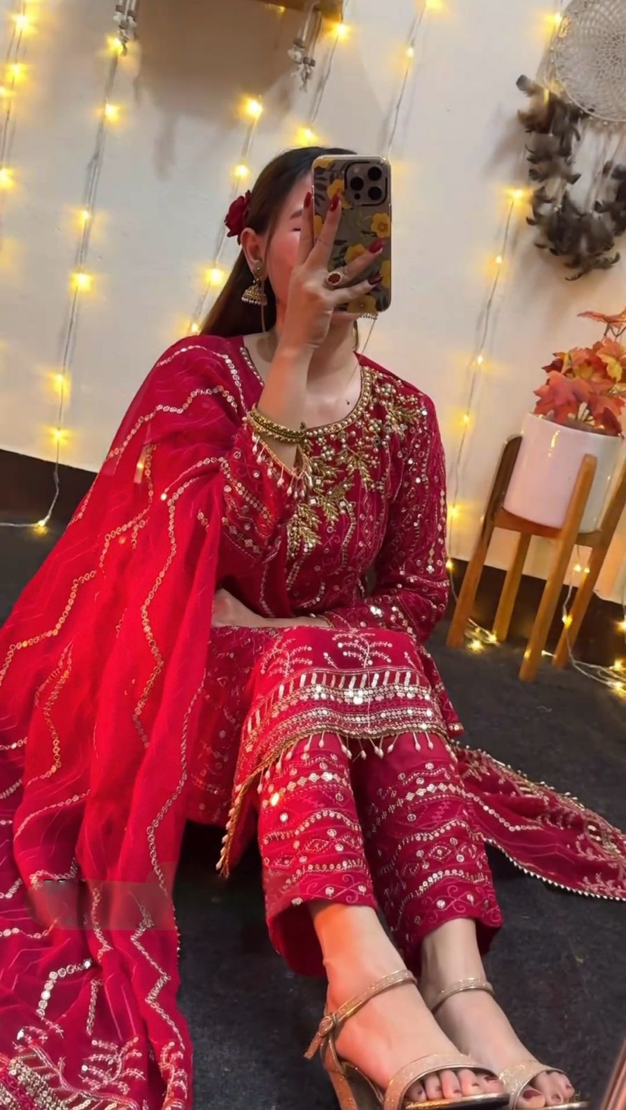 Designer Party Wear Red Faux Georgette Top Bottom & Dupatta Set
