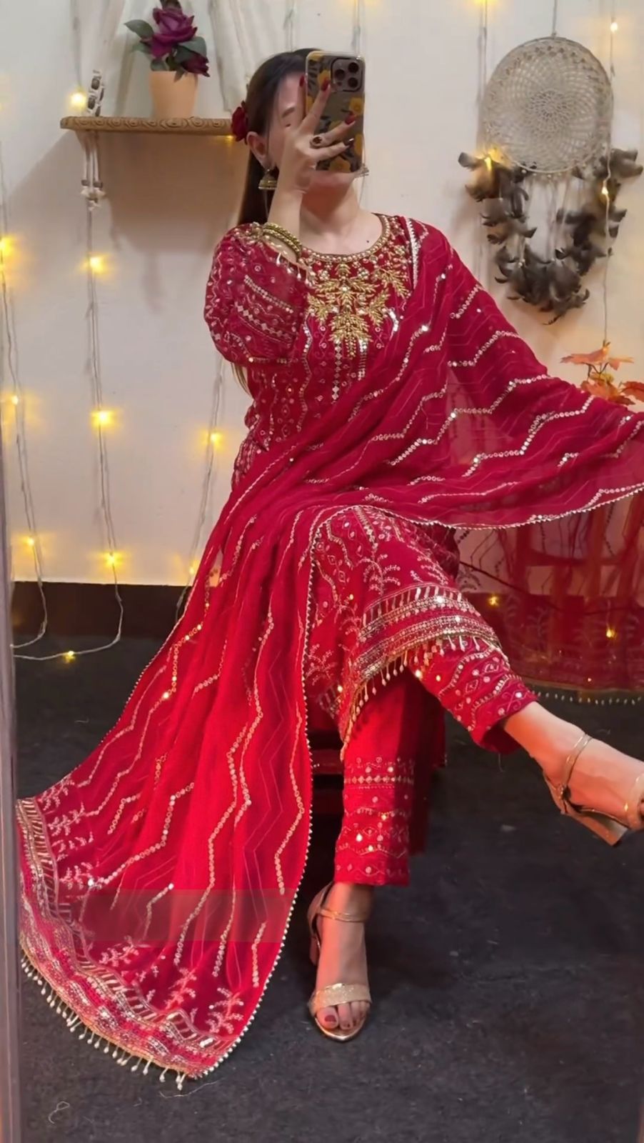 Designer Party Wear Red Faux Georgette Top Bottom & Dupatta Set