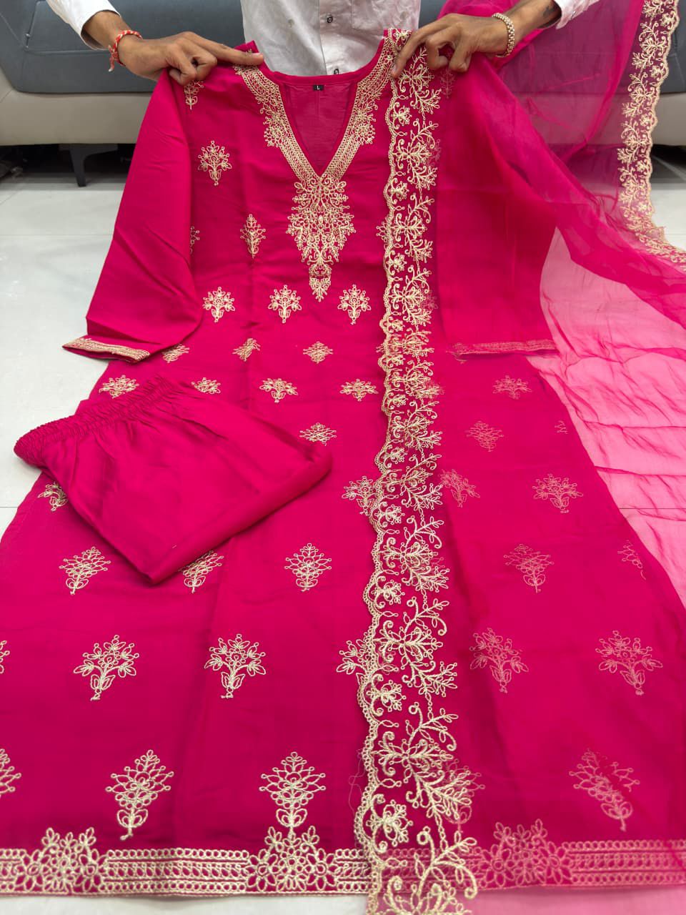 Premium Festive Heavy Embroidery Berry Silk Kurta Pant & Dupatta Set