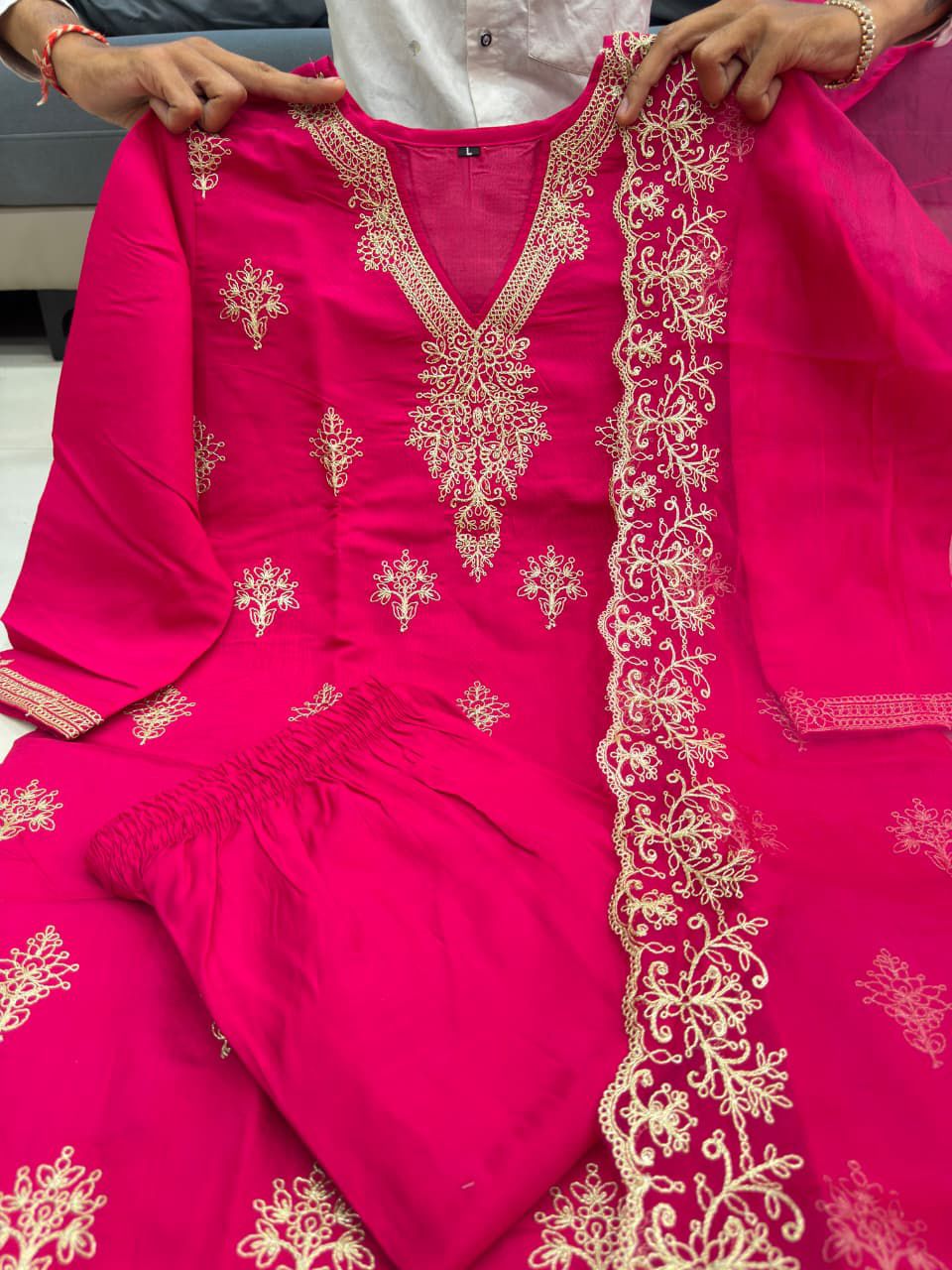 Premium Festive Heavy Embroidery Berry Silk Kurta Pant & Dupatta Set