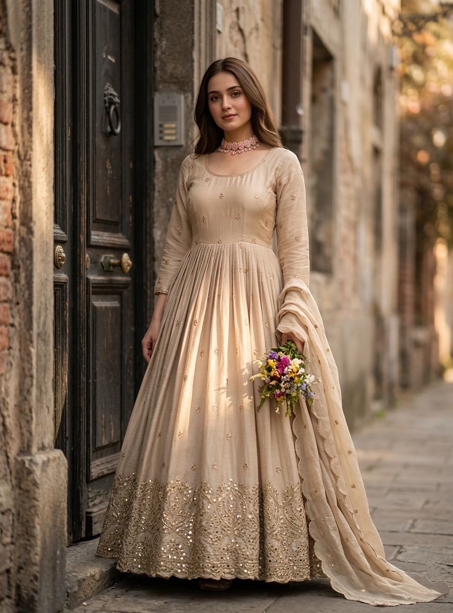 Cinon Silk Embroidered Gown with Pant & Dupatta