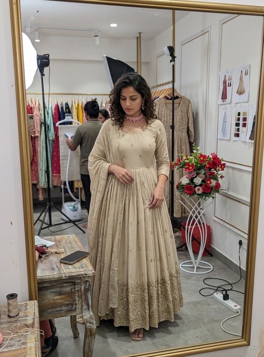 Cinon Silk Embroidered Gown with Pant & Dupatta