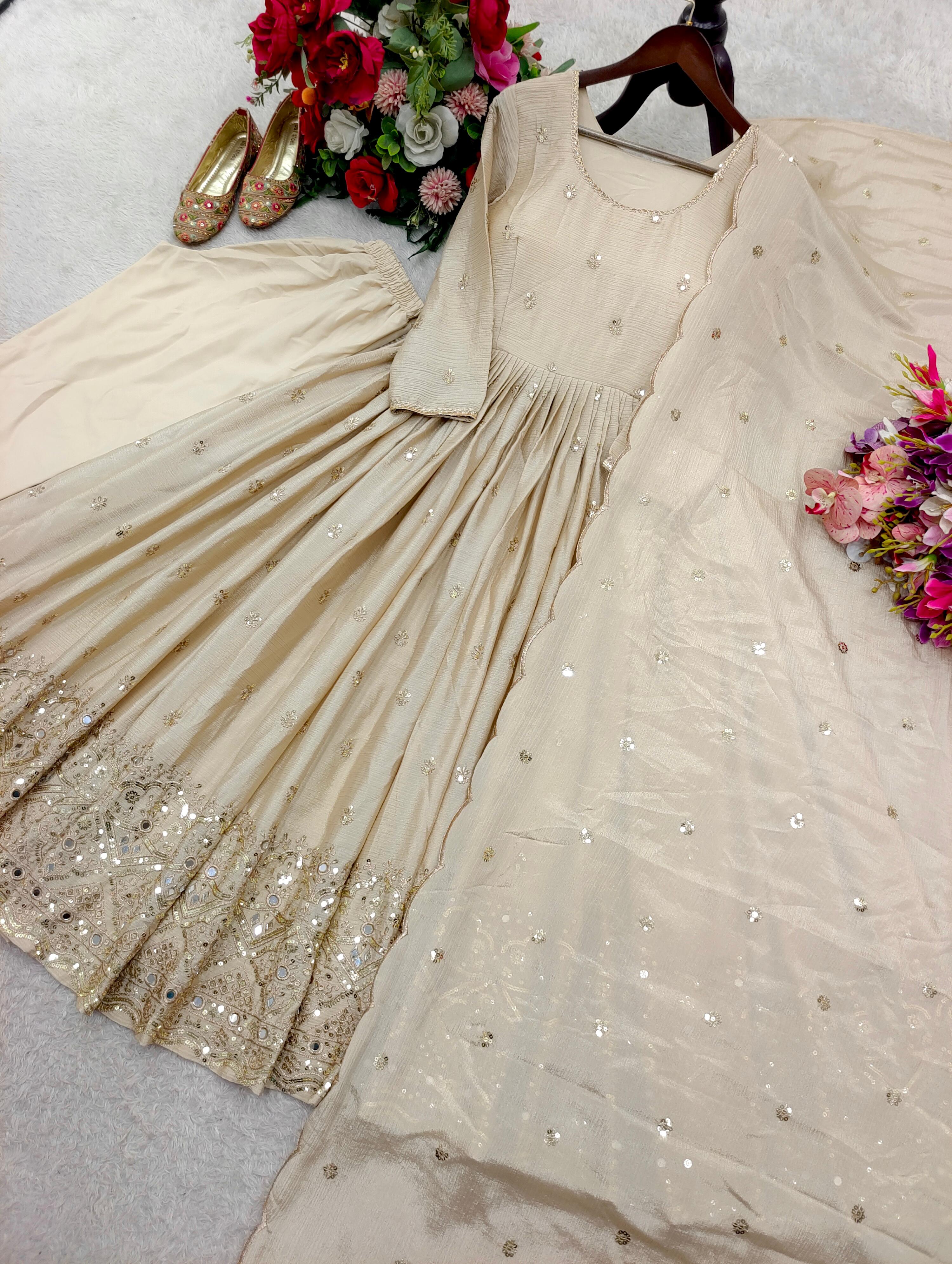 Cinon Silk Embroidered Gown with Pant & Dupatta