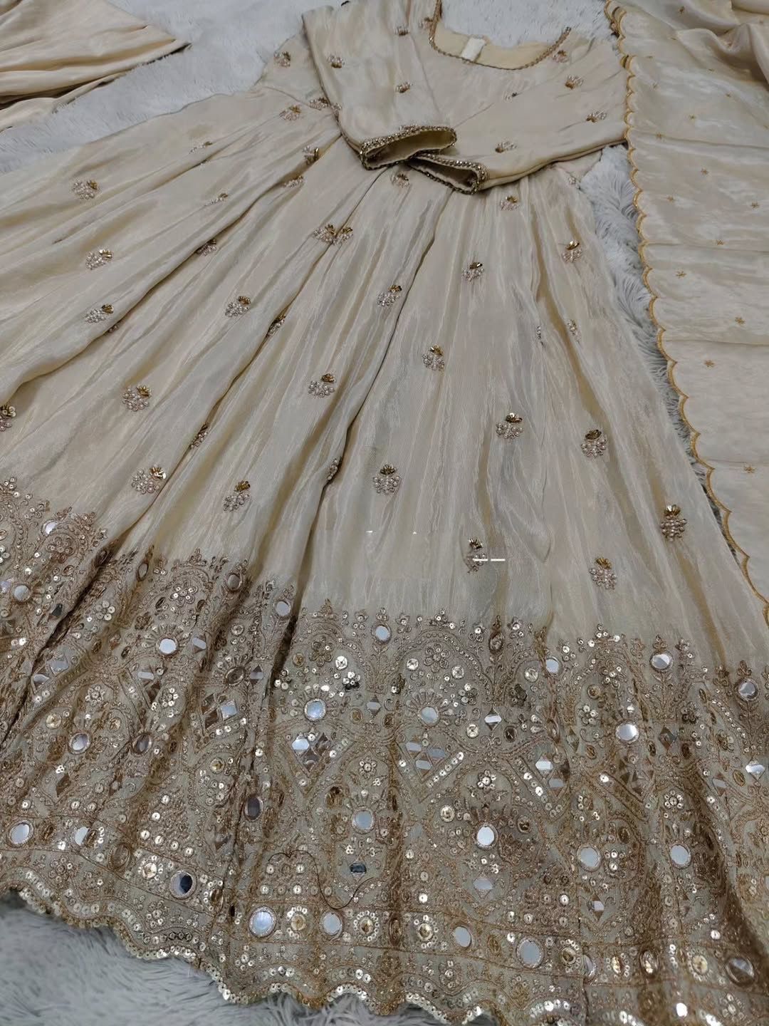 Cinon Silk Embroidered Gown with Pant & Dupatta