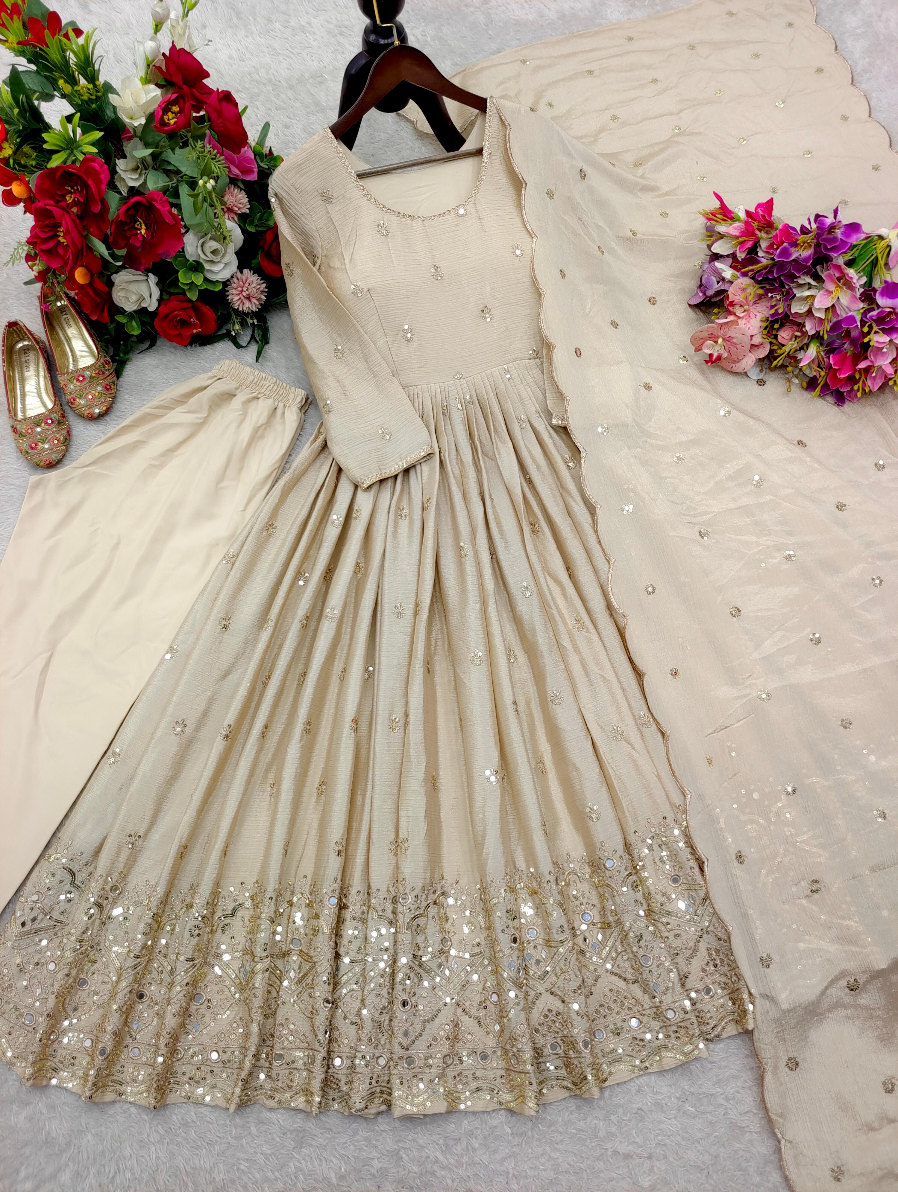 Cinon Silk Embroidered Gown with Pant & Dupatta