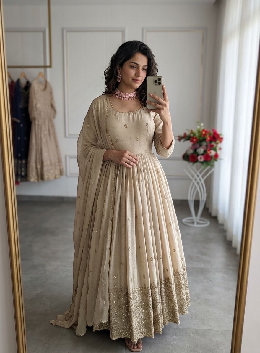 Cinon Silk Embroidered Gown with Pant & Dupatta