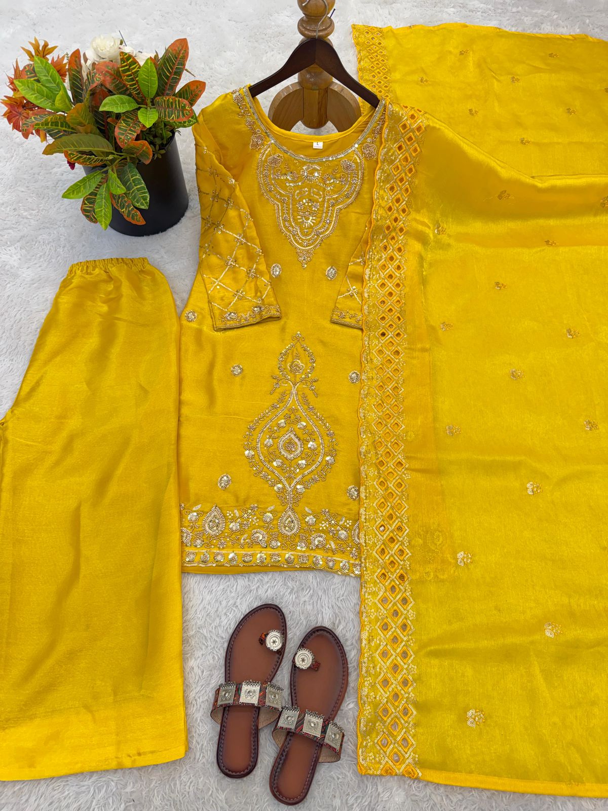 Gmy Choo Silk Embroidered Top with Palazzo & Dupatta