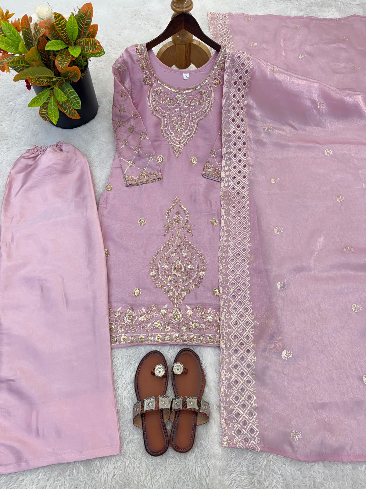 Gmy Choo Silk Embroidered Top with Palazzo & Dupatta