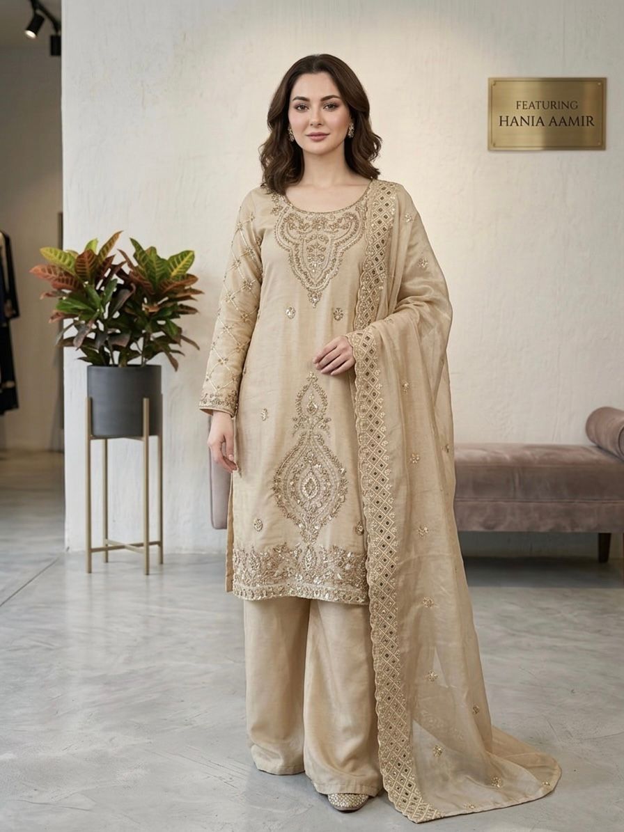Gmy Choo Silk Embroidered Top with Palazzo & Dupatta