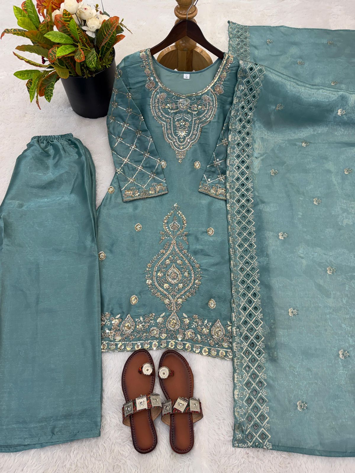 Gmy Choo Silk Embroidered Top with Palazzo & Dupatta