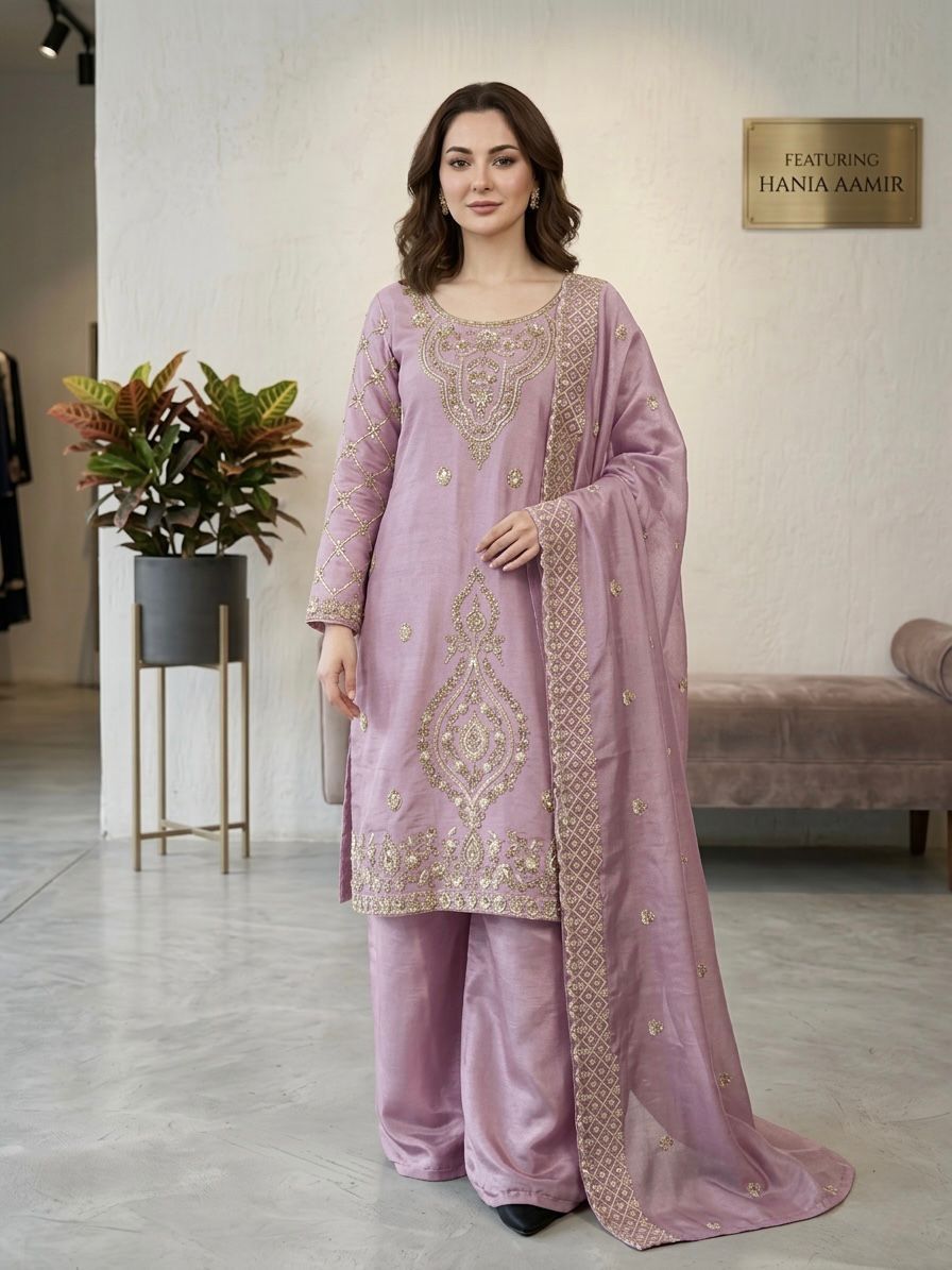 Gmy Choo Silk Embroidered Top with Palazzo & Dupatta