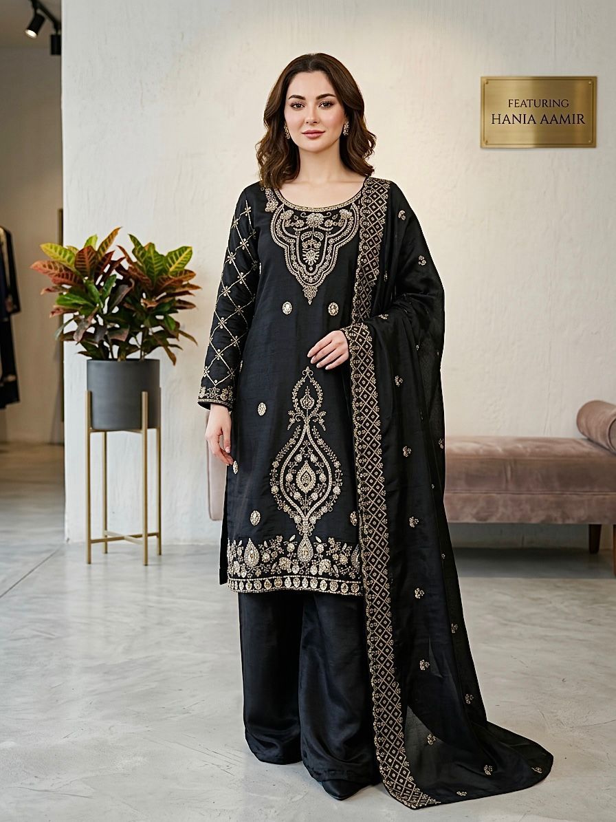 Gmy Choo Silk Embroidered Top with Palazzo & Dupatta
