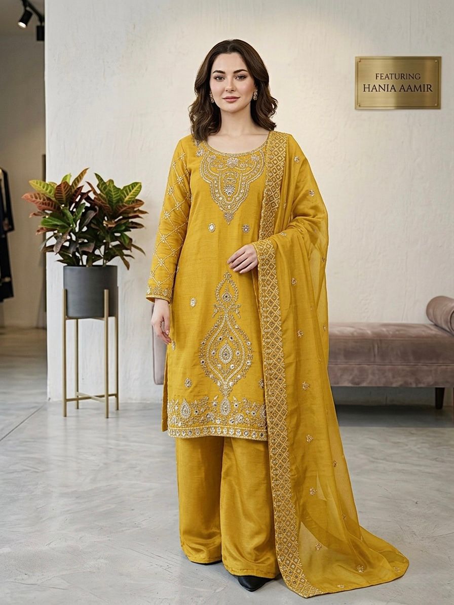 Gmy Choo Silk Embroidered Top with Palazzo & Dupatta