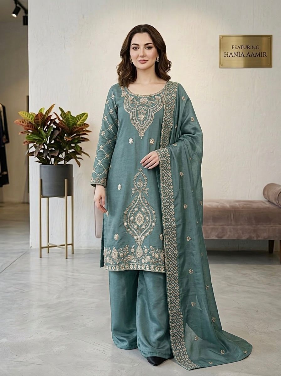 Gmy Choo Silk Embroidered Top with Palazzo & Dupatta