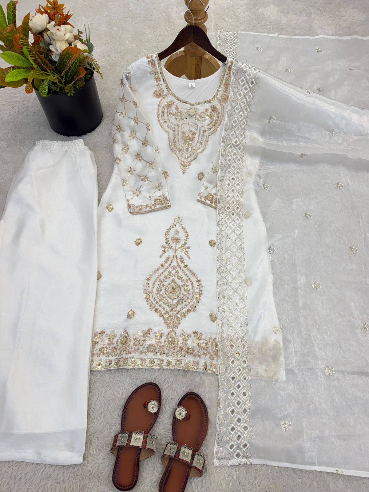 Gmy Choo Silk Embroidered Top with Palazzo & Dupatta