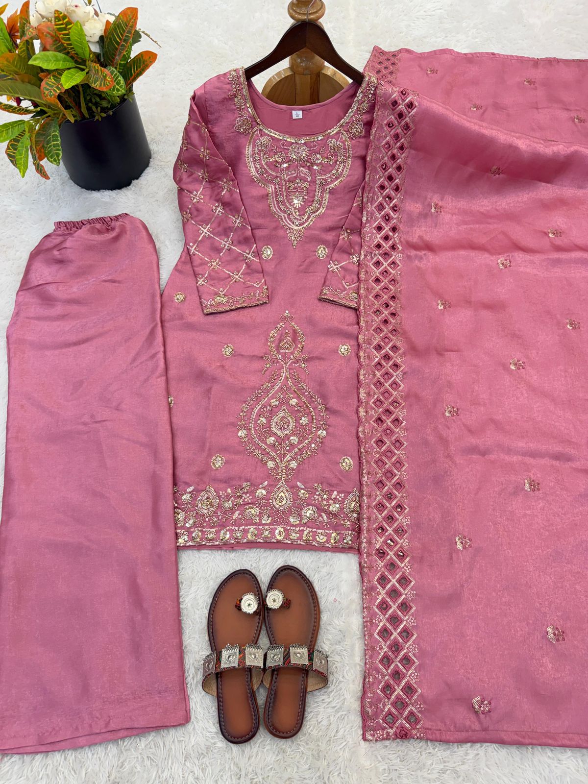 Gmy Choo Silk Embroidered Top with Palazzo & Dupatta