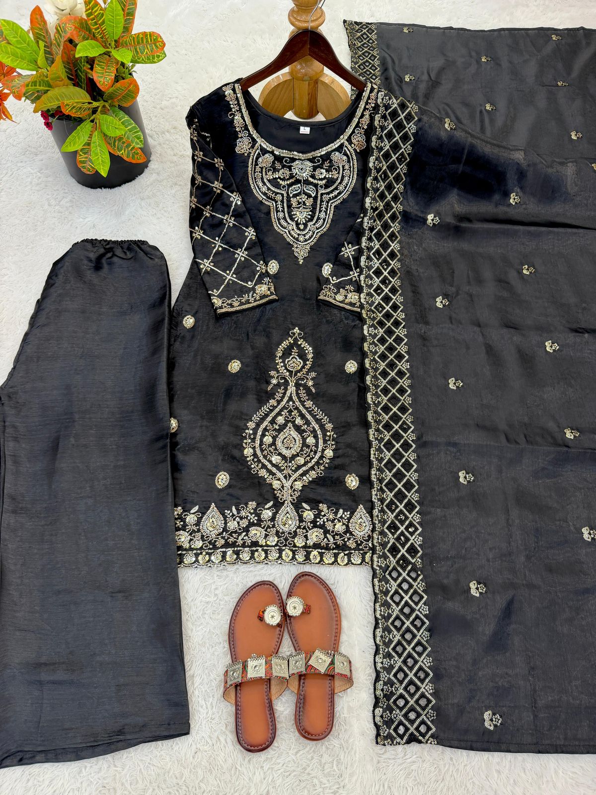 Gmy Choo Silk Embroidered Top with Palazzo & Dupatta