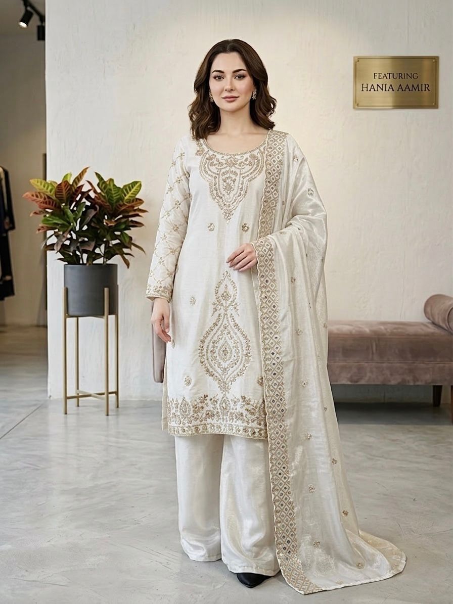Gmy Choo Silk Embroidered Top with Palazzo & Dupatta