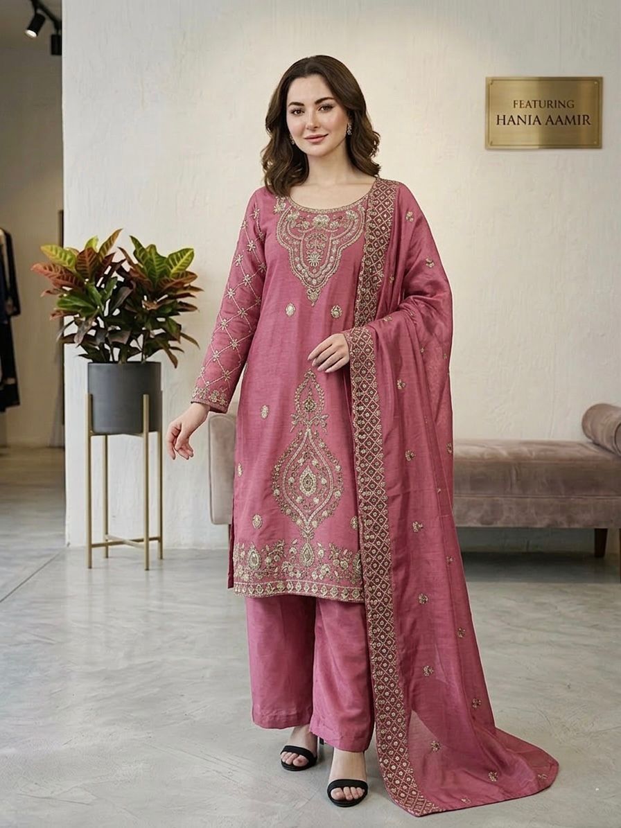 Gmy Choo Silk Embroidered Top with Palazzo & Dupatta