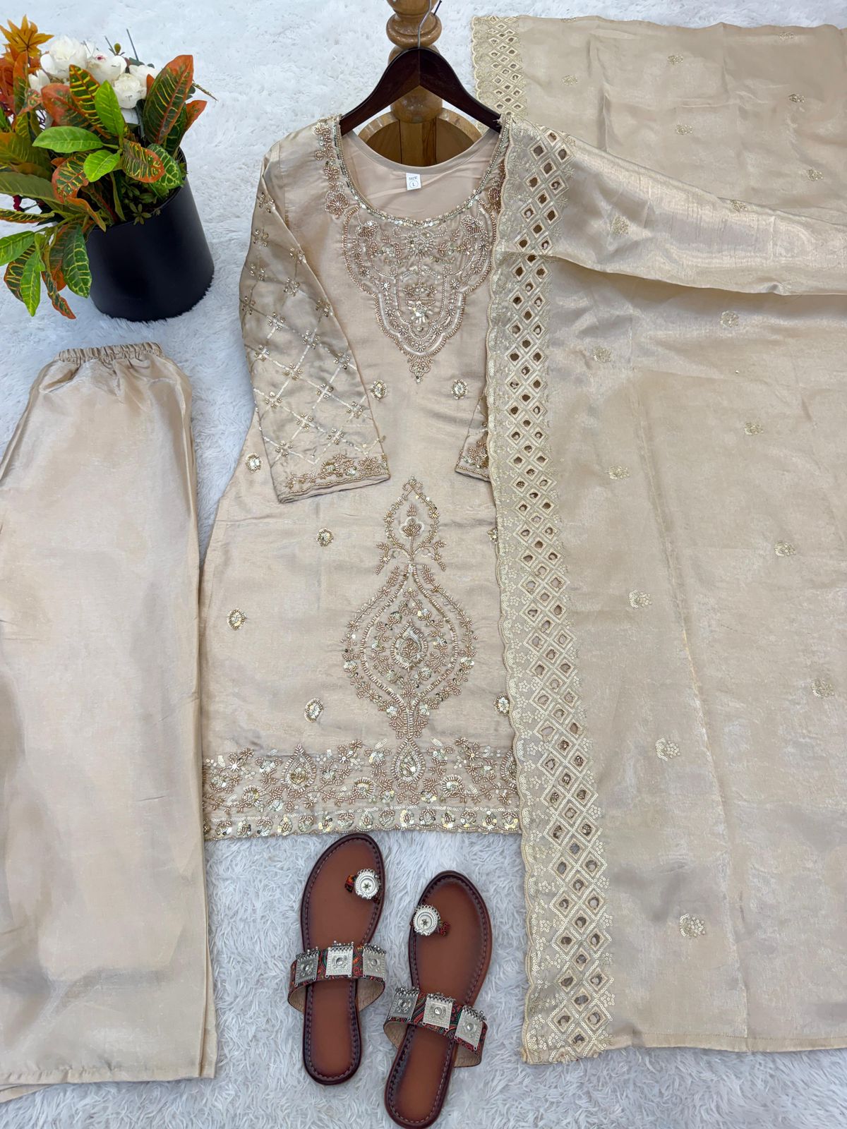 Gmy Choo Silk Embroidered Top with Palazzo & Dupatta