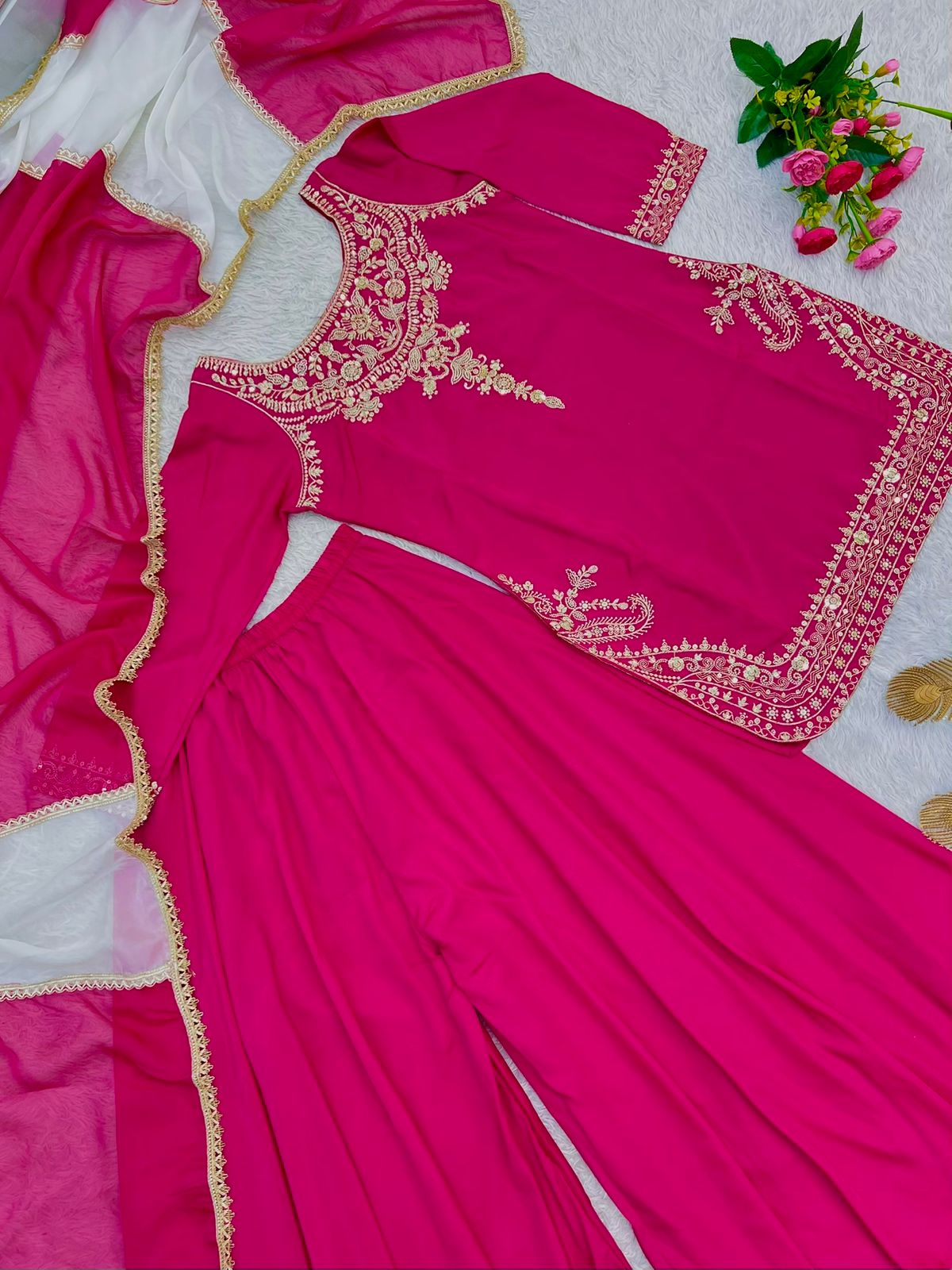 3 Piece Embroidery Sequence Crepe Silk Top, Palazzo & Dupatta