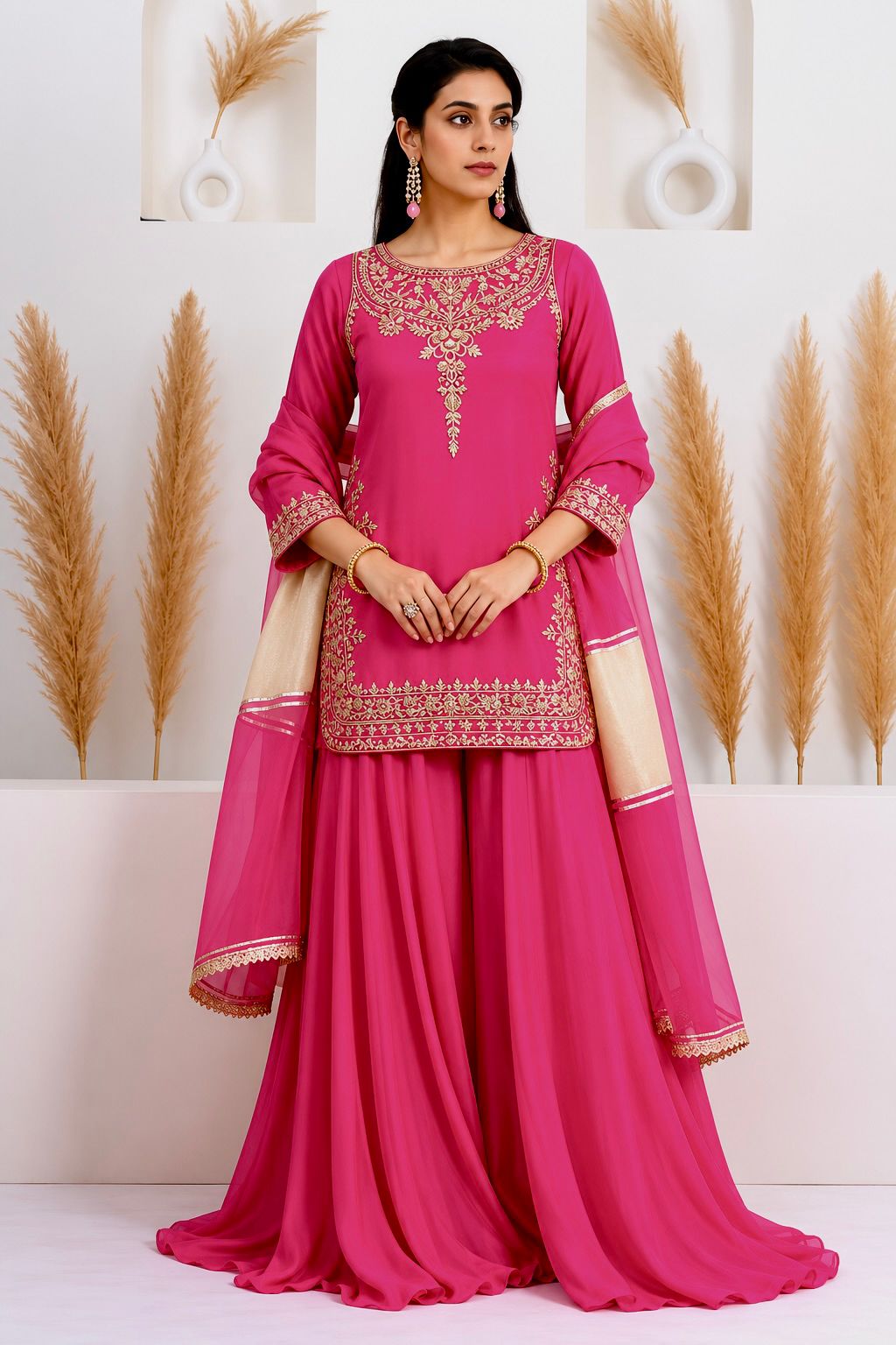 3 Piece Embroidery Sequence Crepe Silk Top, Palazzo & Dupatta