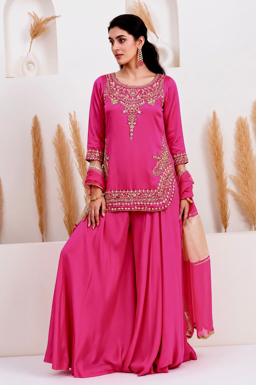 3 Piece Embroidery Sequence Crepe Silk Top, Palazzo & Dupatta