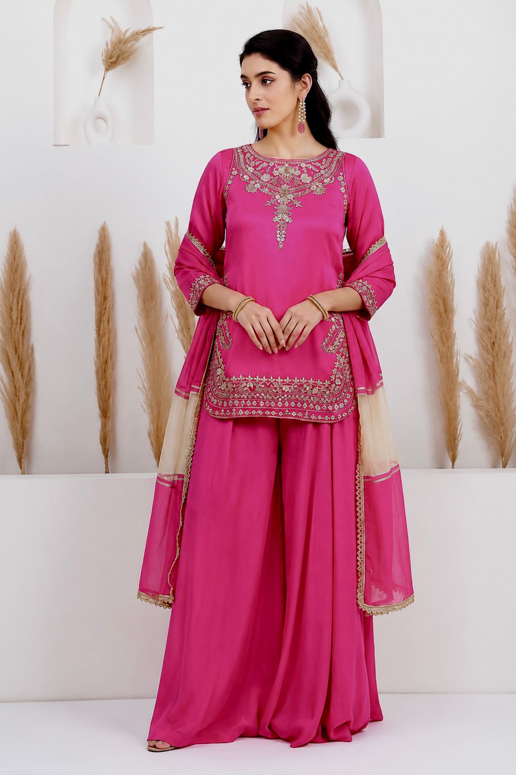3 Piece Embroidery Sequence Crepe Silk Top, Palazzo & Dupatta