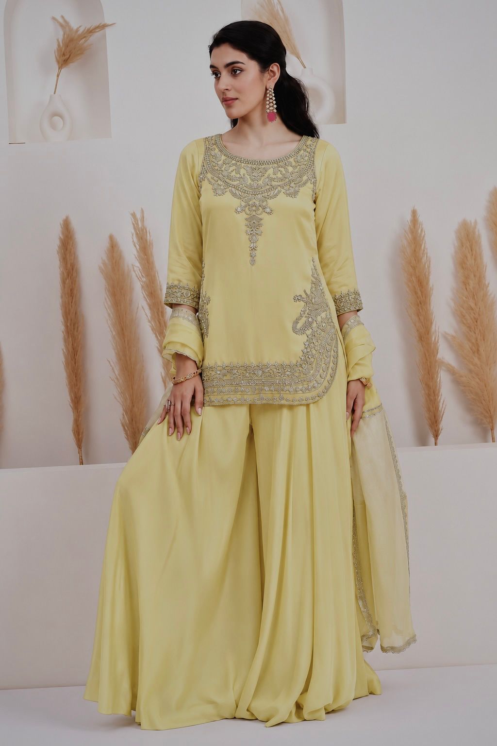 3 Piece Embroidery Sequence Crepe Silk Top, Palazzo & Dupatta