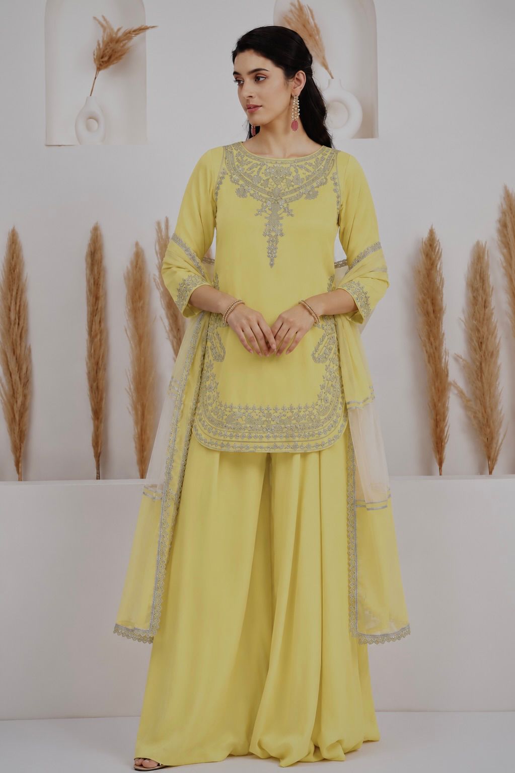 3 Piece Embroidery Sequence Crepe Silk Top, Palazzo & Dupatta