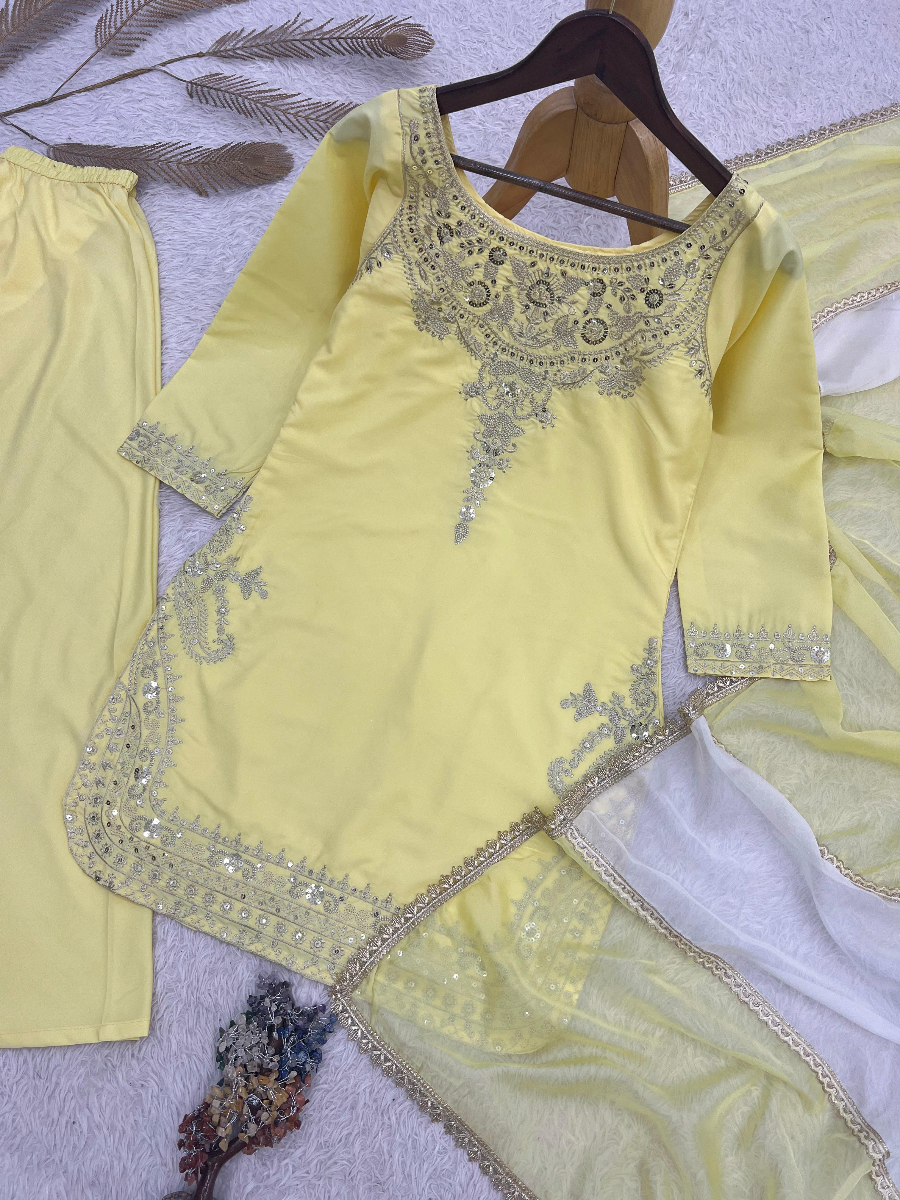 3 Piece Embroidery Sequence Crepe Silk Top, Palazzo & Dupatta