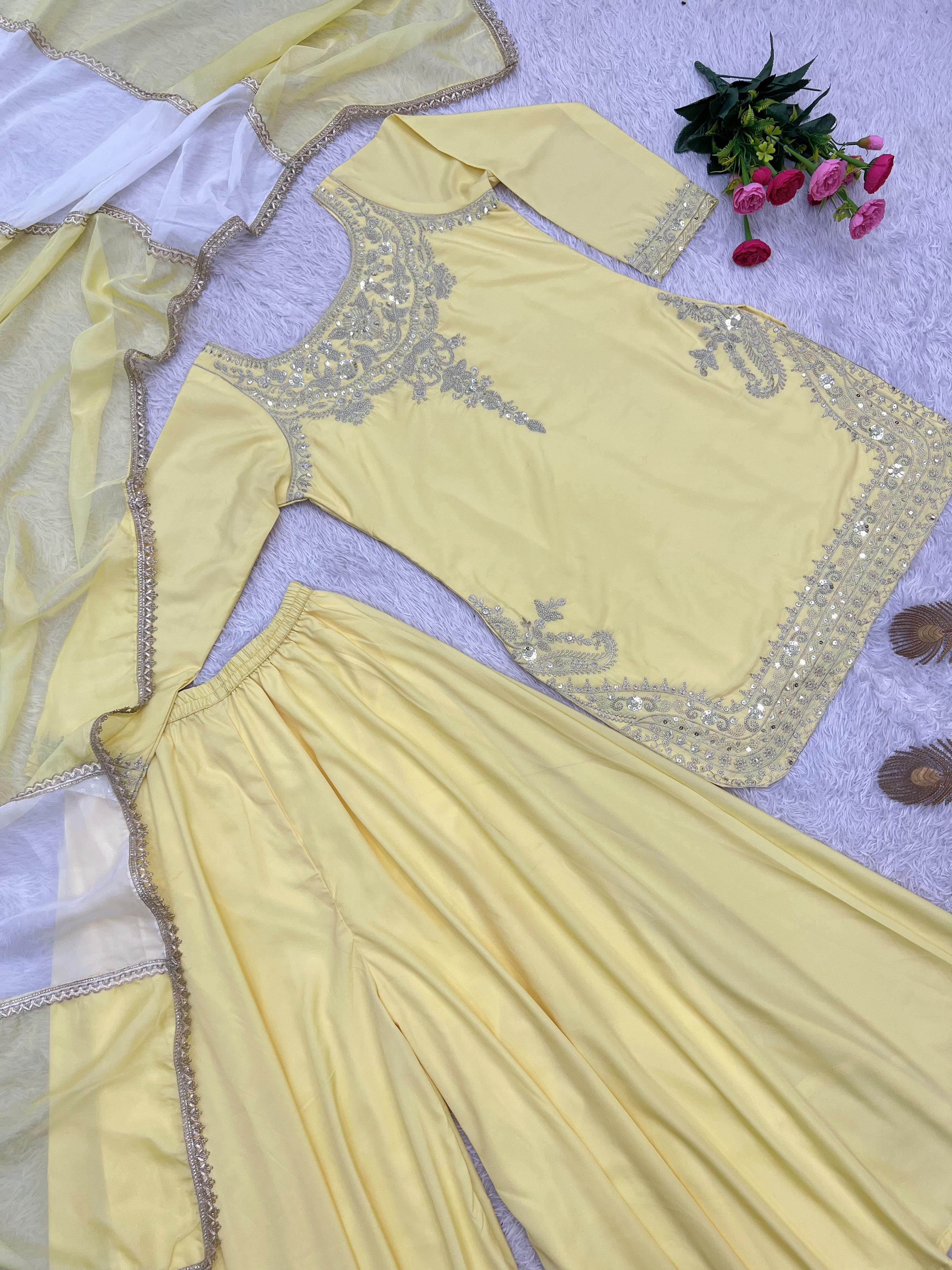 3 Piece Embroidery Sequence Crepe Silk Top, Palazzo & Dupatta