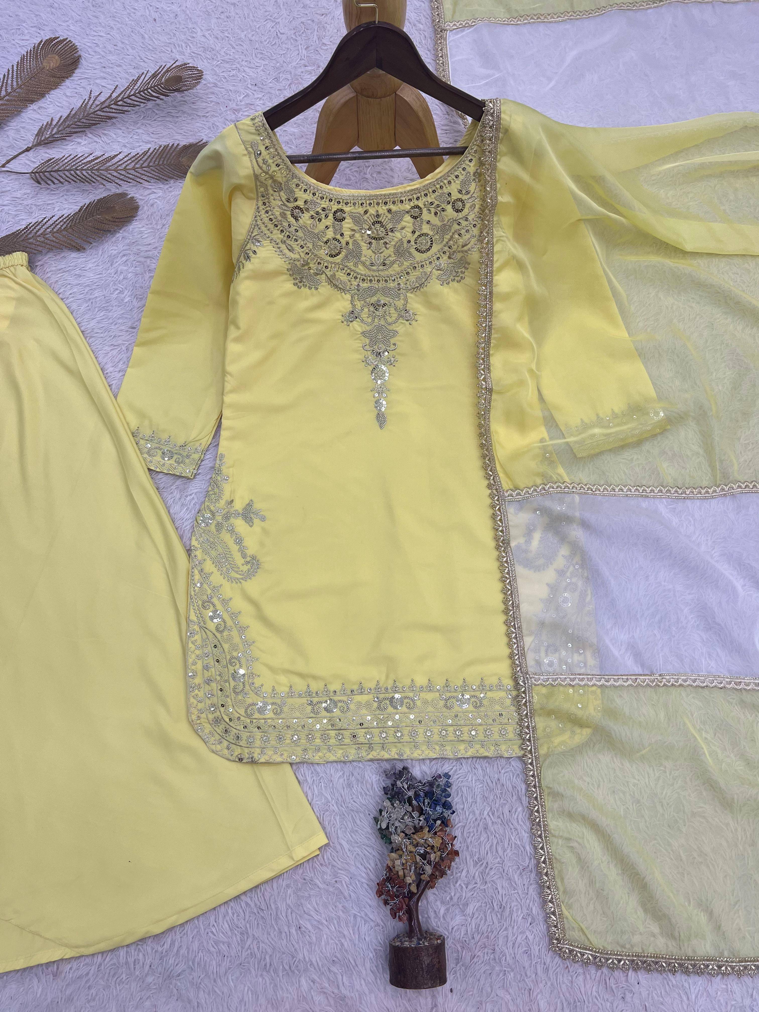 3 Piece Embroidery Sequence Crepe Silk Top, Palazzo & Dupatta