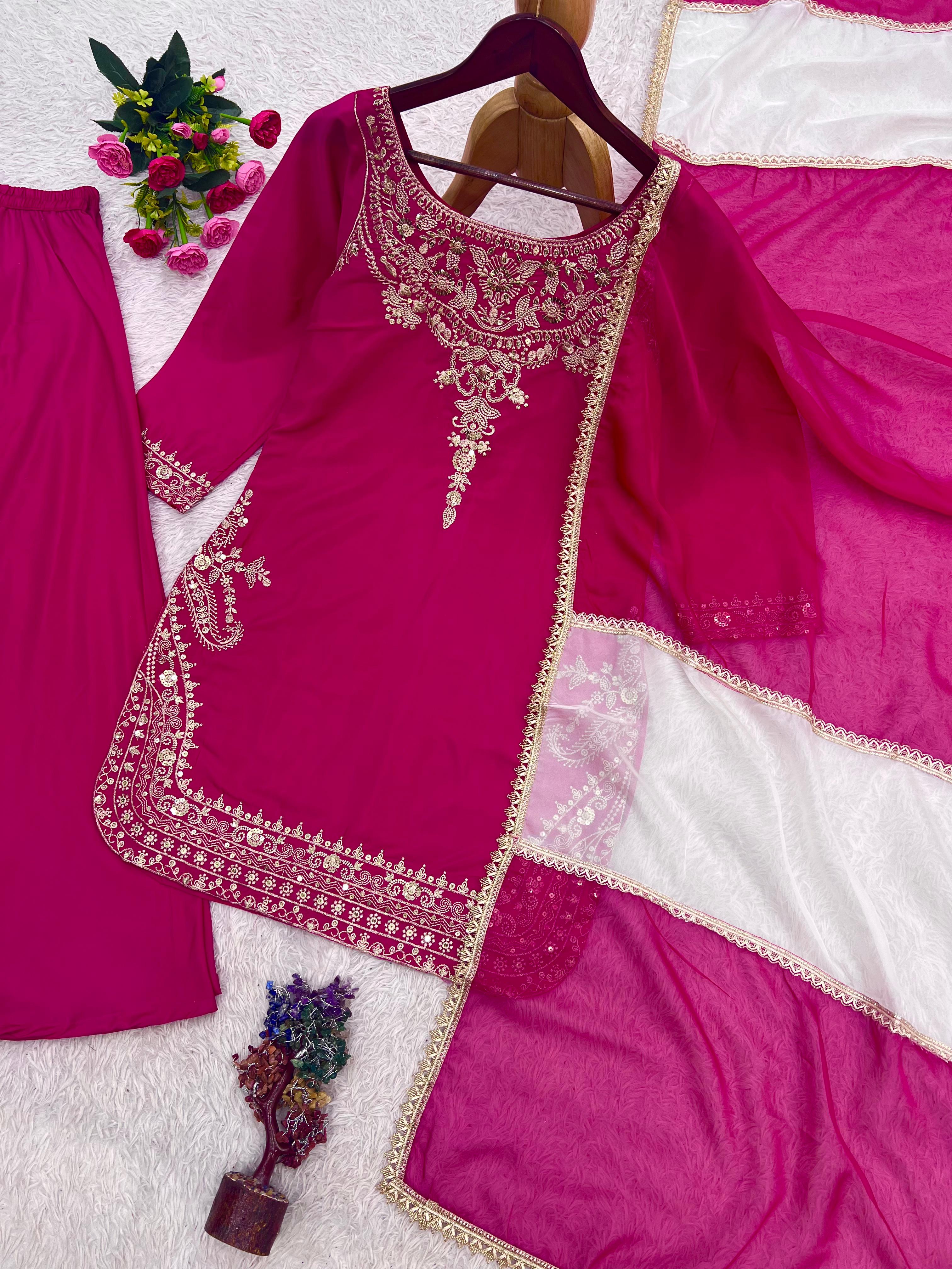 3 Piece Embroidery Sequence Crepe Silk Top, Palazzo & Dupatta