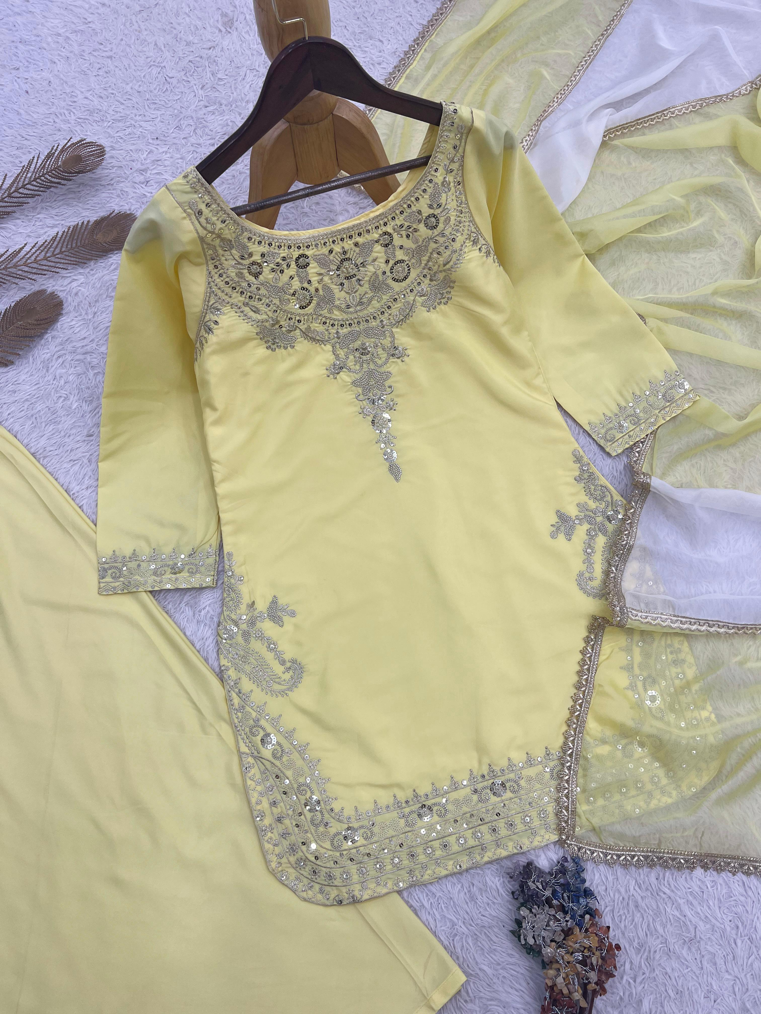 3 Piece Embroidery Sequence Crepe Silk Top, Palazzo & Dupatta