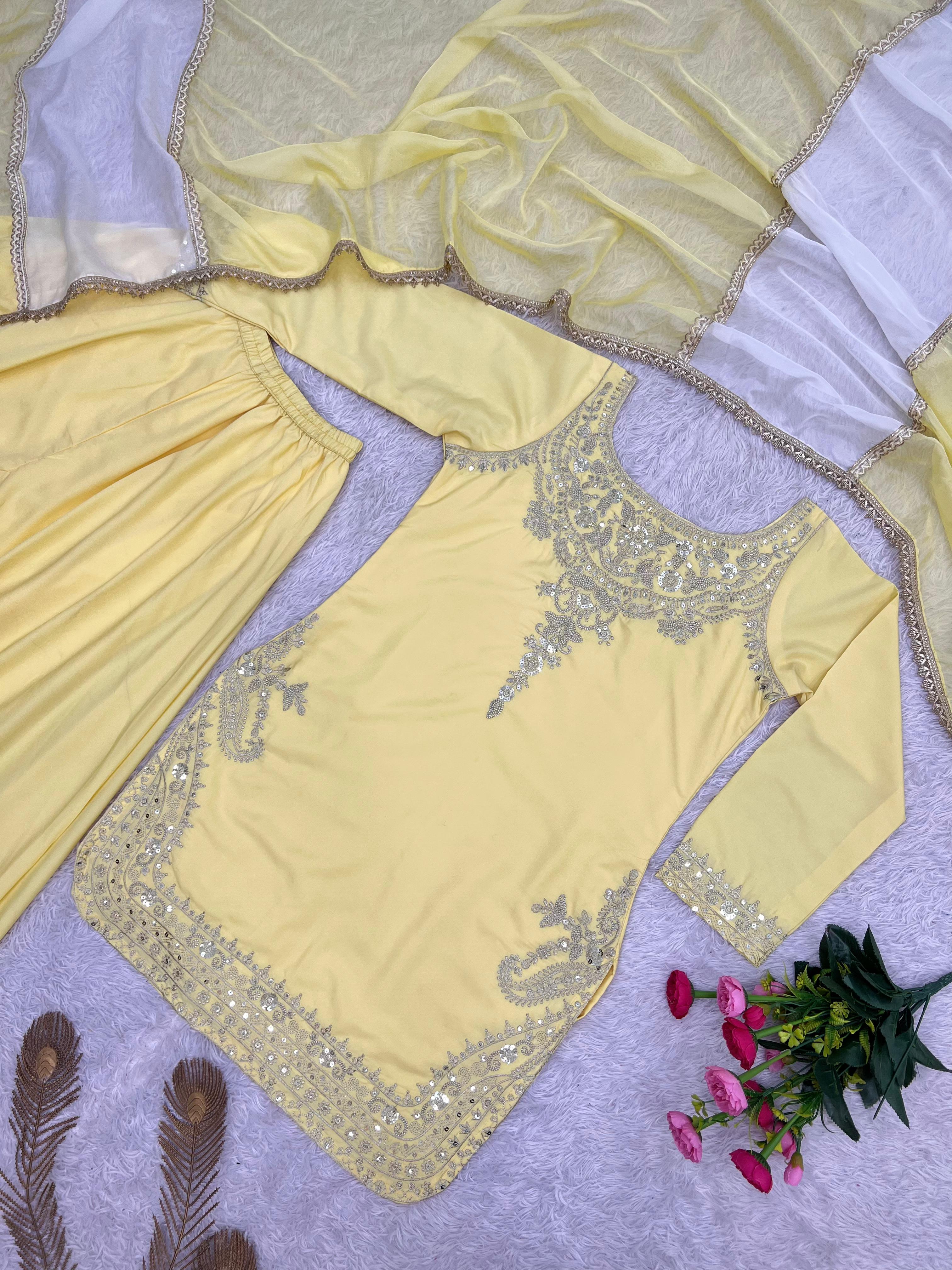 3 Piece Embroidery Sequence Crepe Silk Top, Palazzo & Dupatta