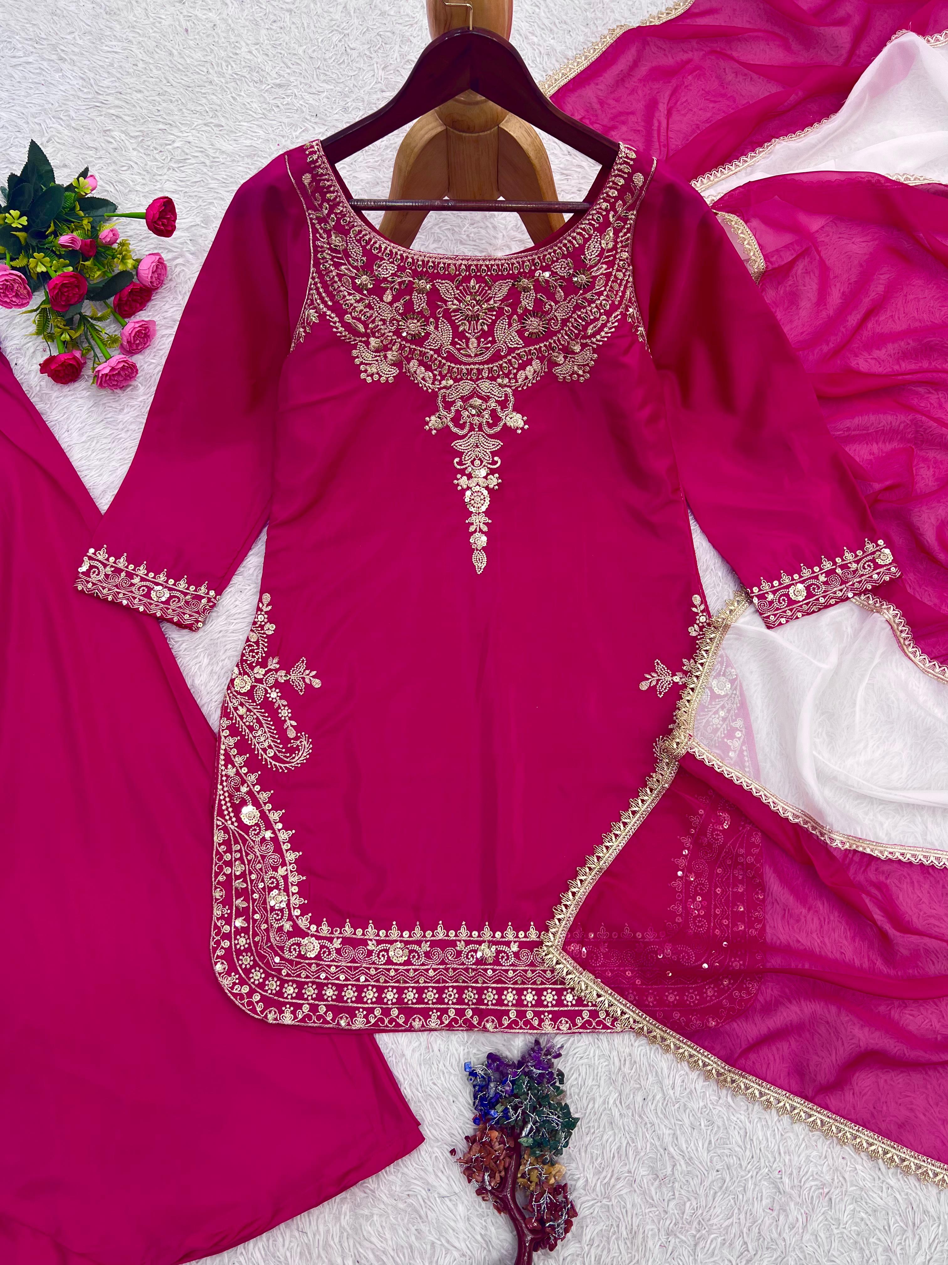 3 Piece Embroidery Sequence Crepe Silk Top, Palazzo & Dupatta
