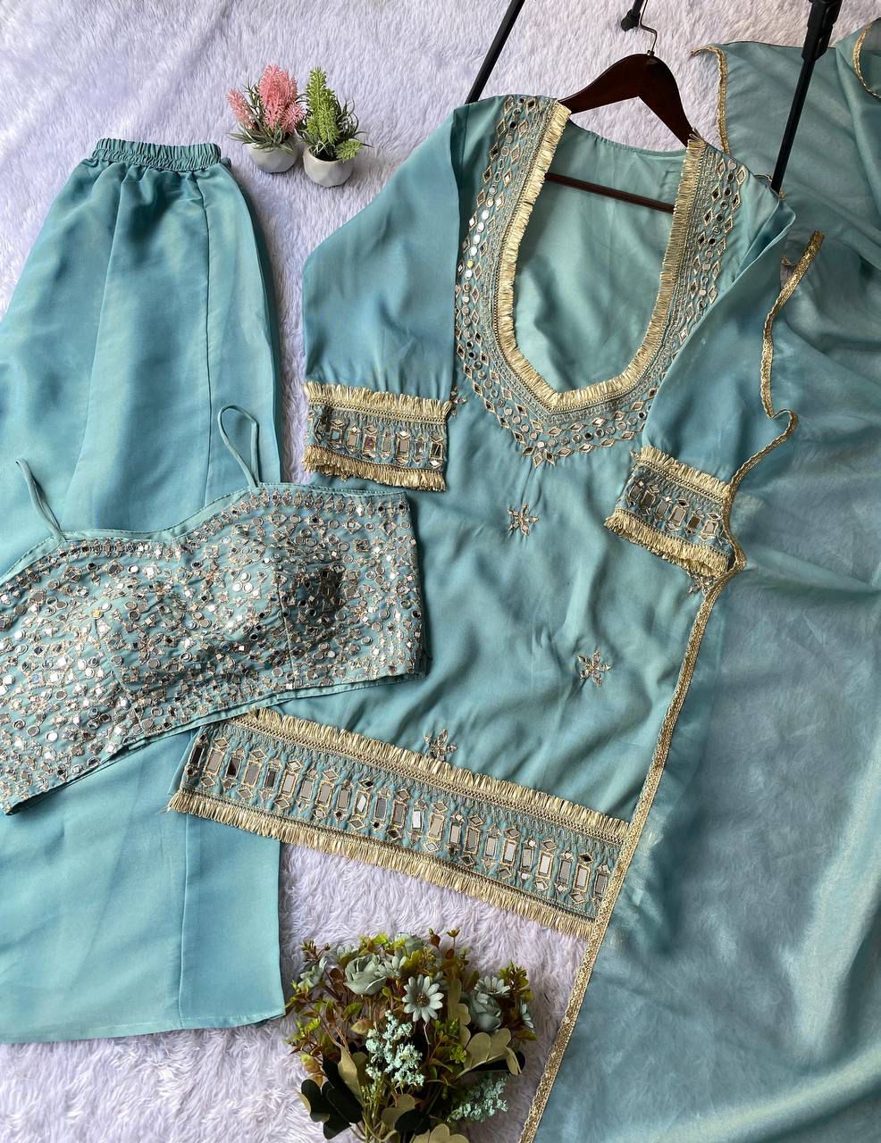 Exclusive 4 Piece Real Mirror Embroidery Cosmos Palazzo Set