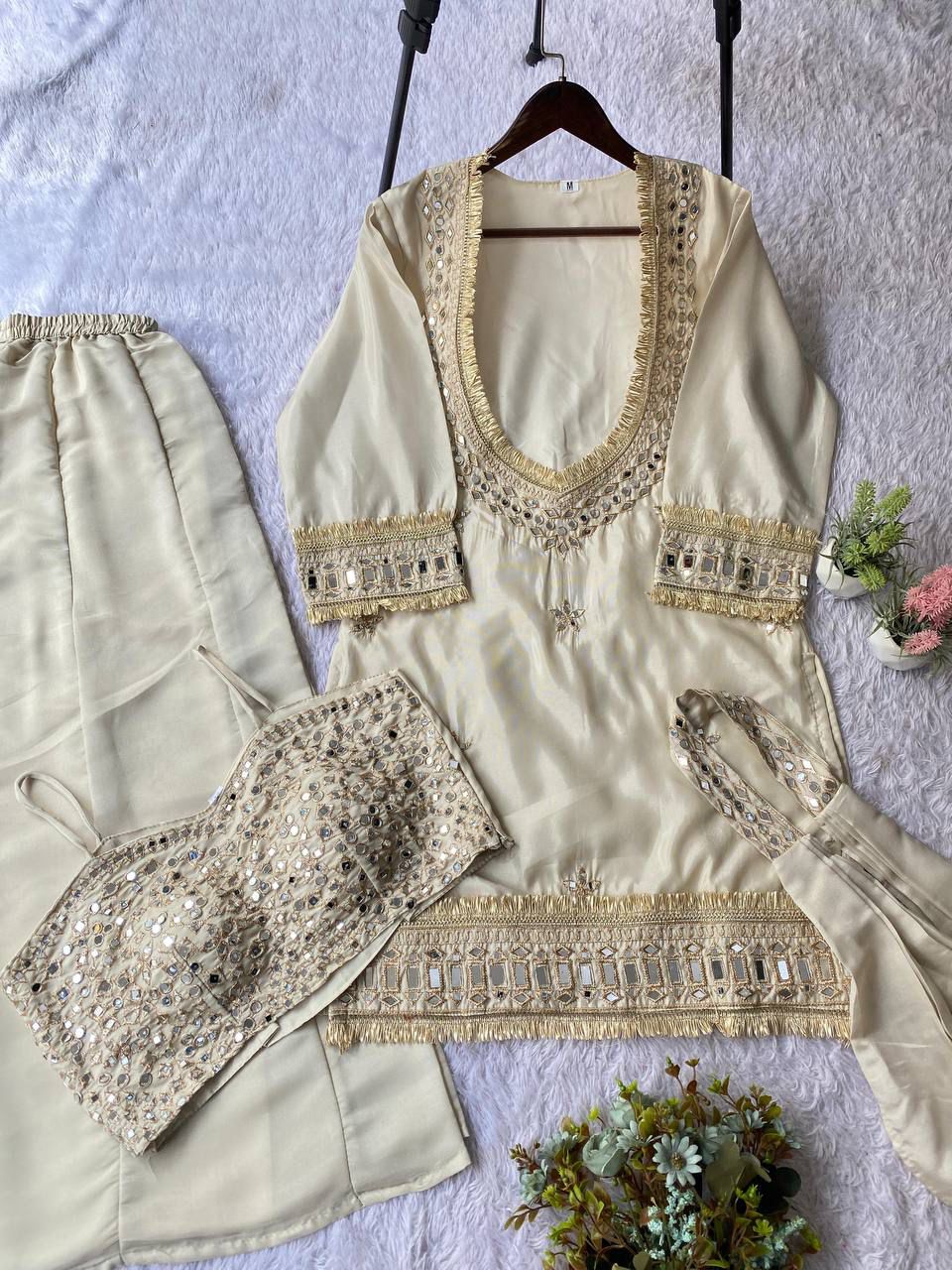 Exclusive 4 Piece Real Mirror Embroidery Cosmos Palazzo Set