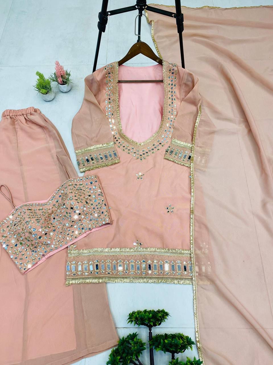 Exclusive 4 Piece Real Mirror Embroidery Cosmos Palazzo Set