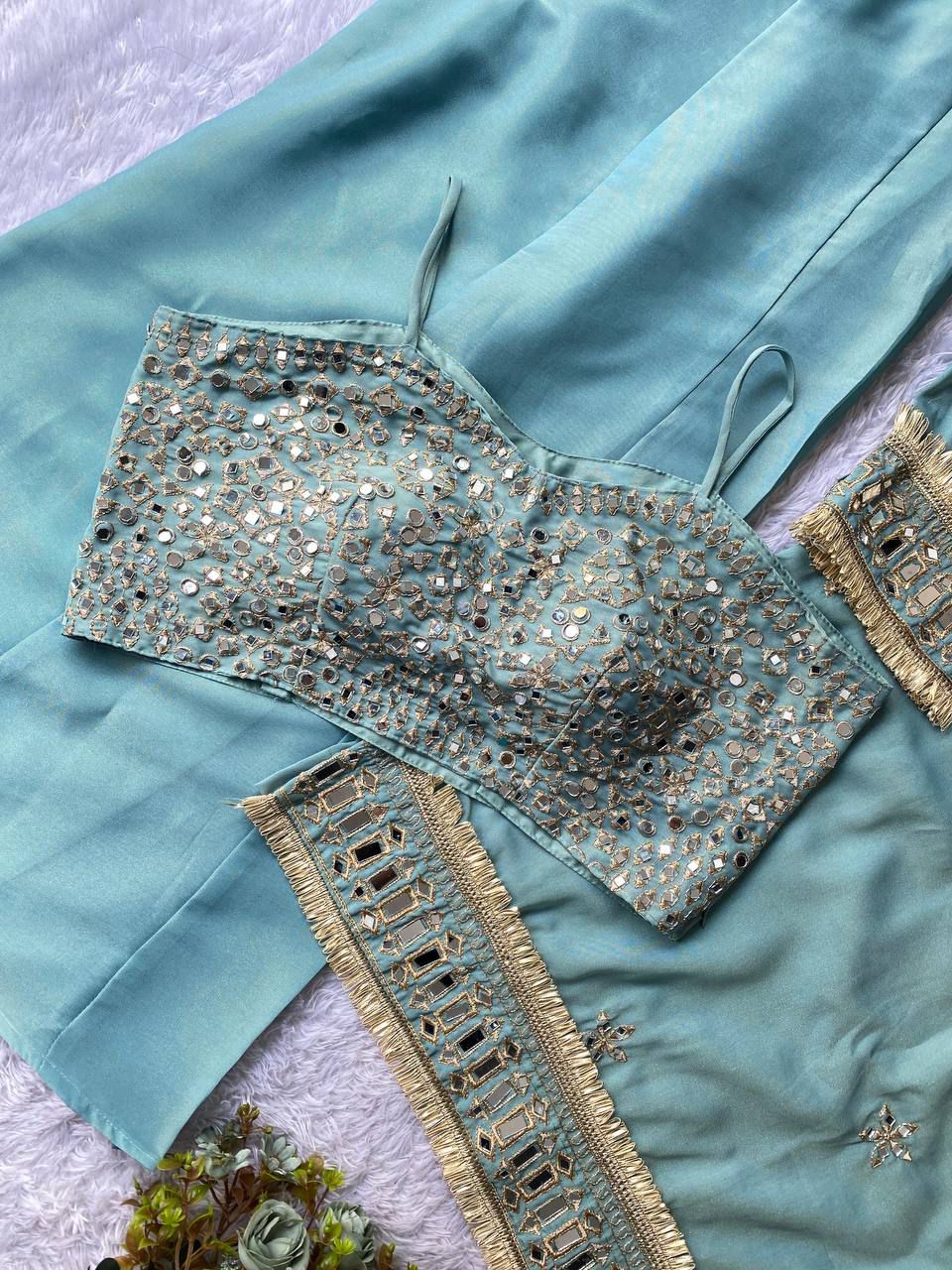 Exclusive 4 Piece Real Mirror Embroidery Cosmos Palazzo Set