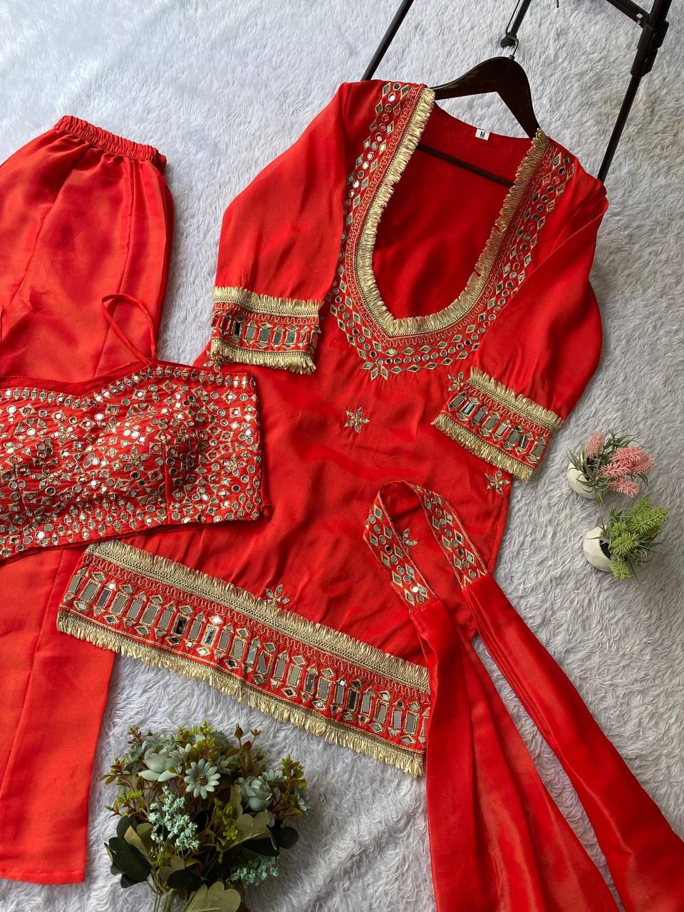 Exclusive 4 Piece Real Mirror Embroidery Cosmos Palazzo Set